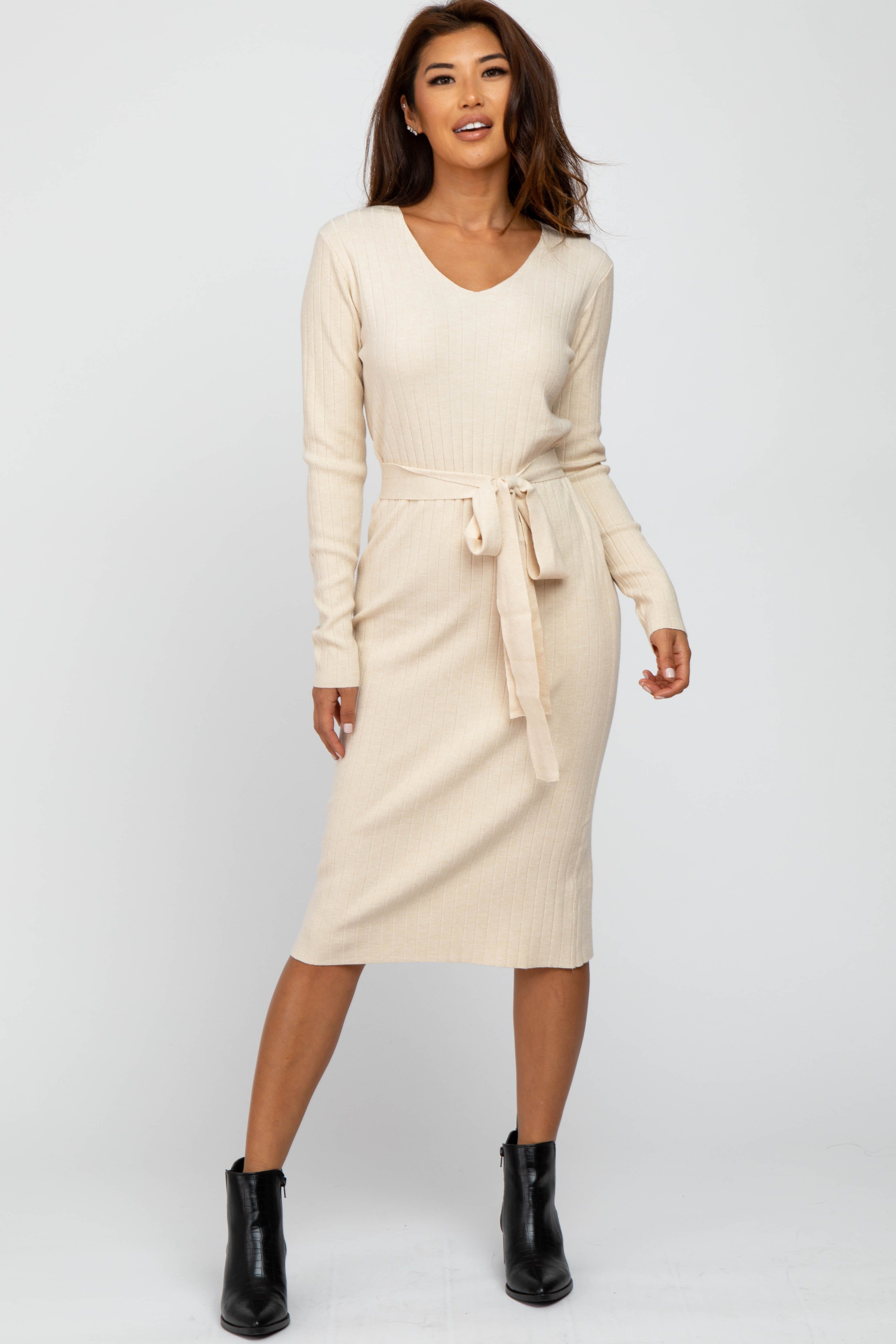 Beige Tie Front Sweater Midi Dress sold by Pinkblush