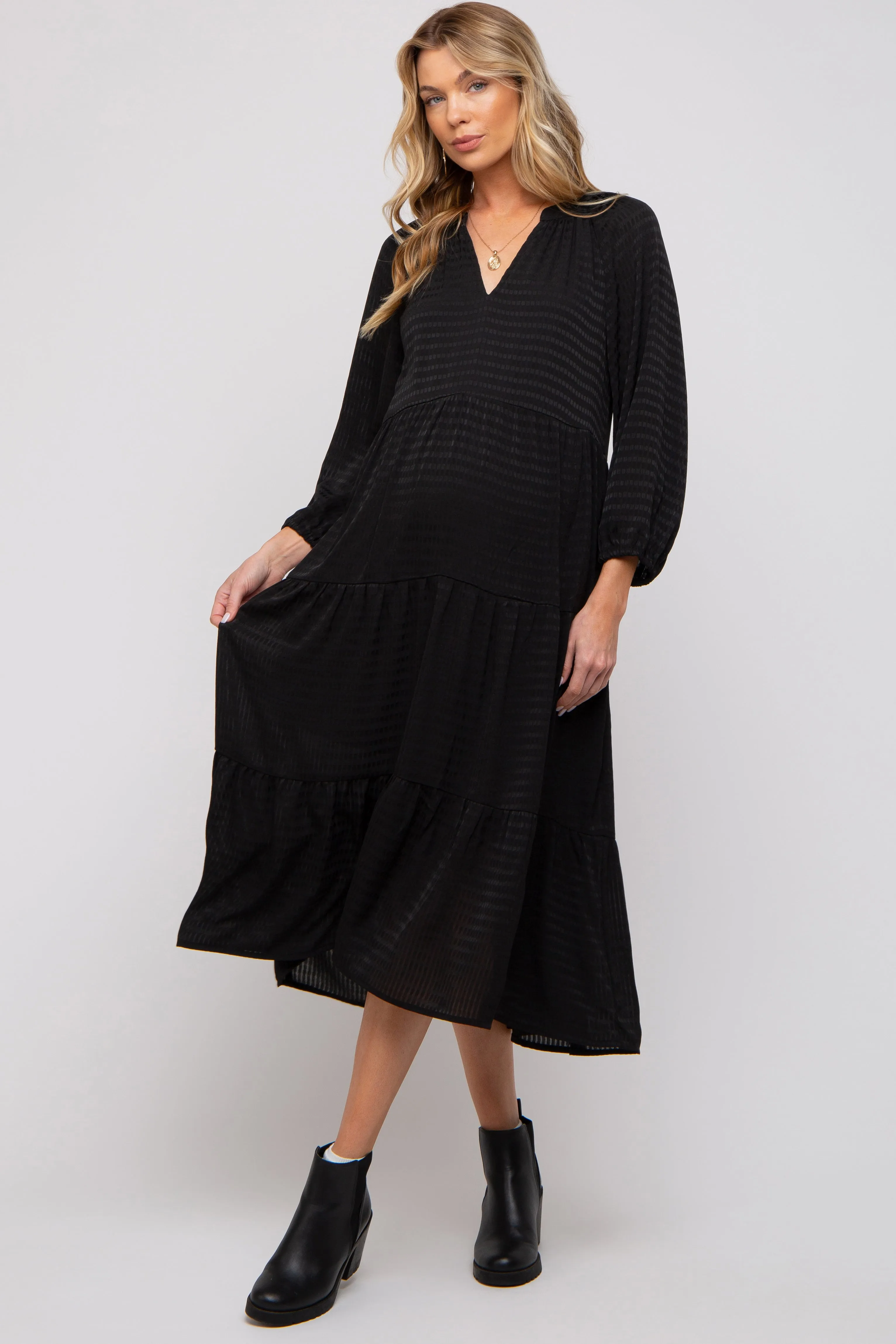 Black Textured Tiered Maternity Midi Dress sold by Pinkblush product image thumbnail 5
