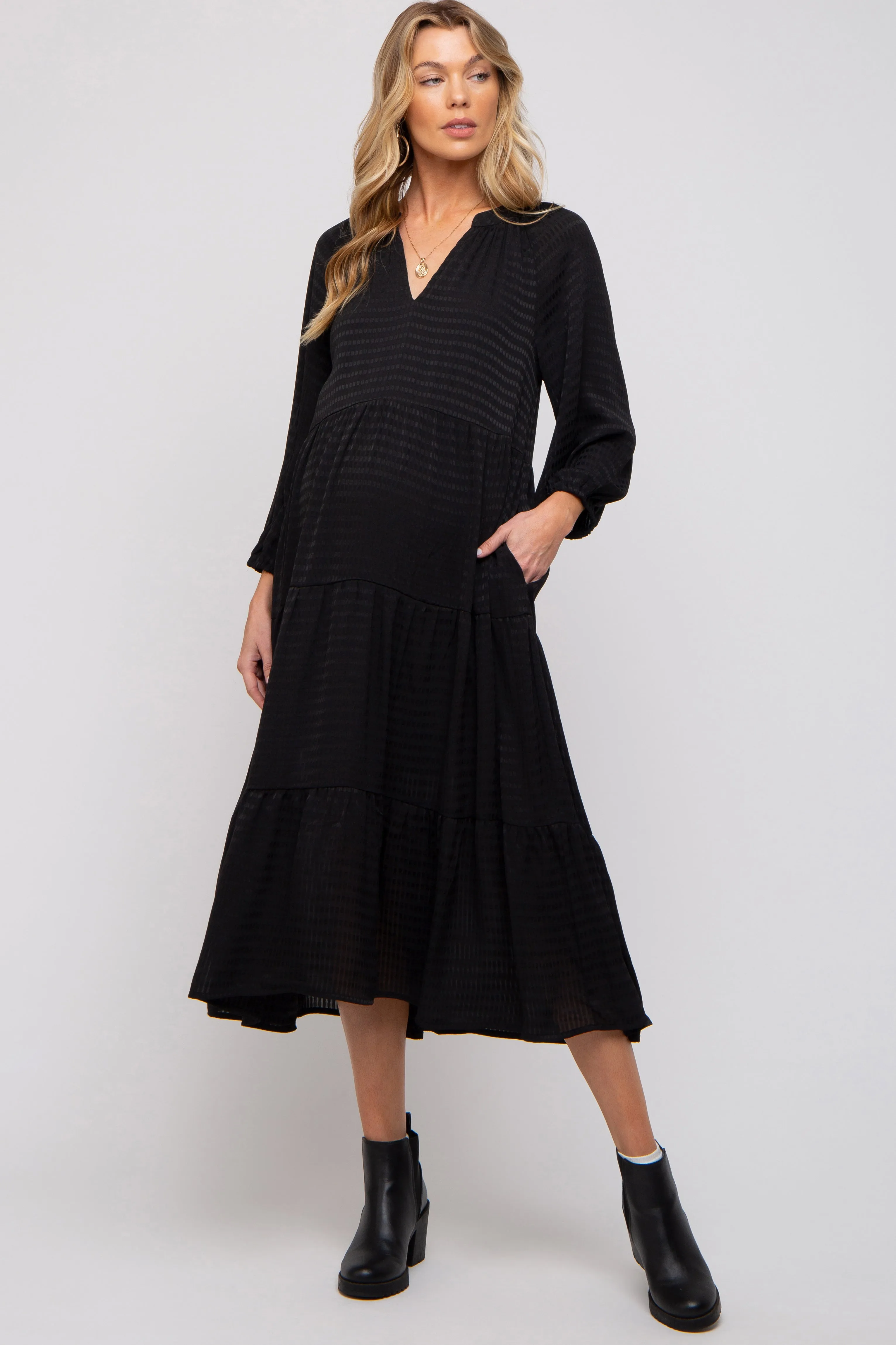 Black Textured Tiered Maternity Midi Dress sold by Pinkblush product image thumbnail 2