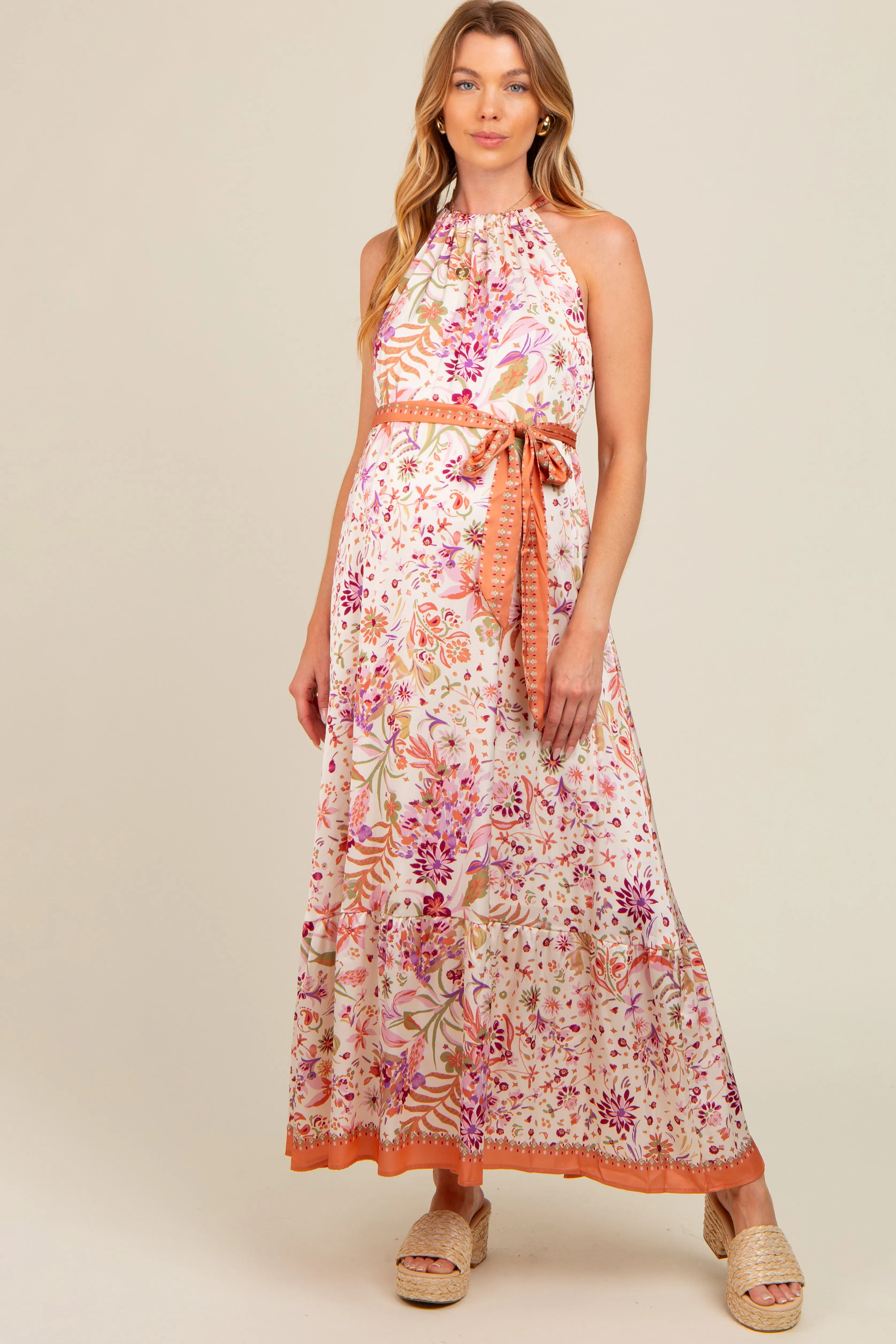 Lavender Floral Halter Front Tie Maternity Maxi Dress sold by Pinkblush product image thumbnail 2