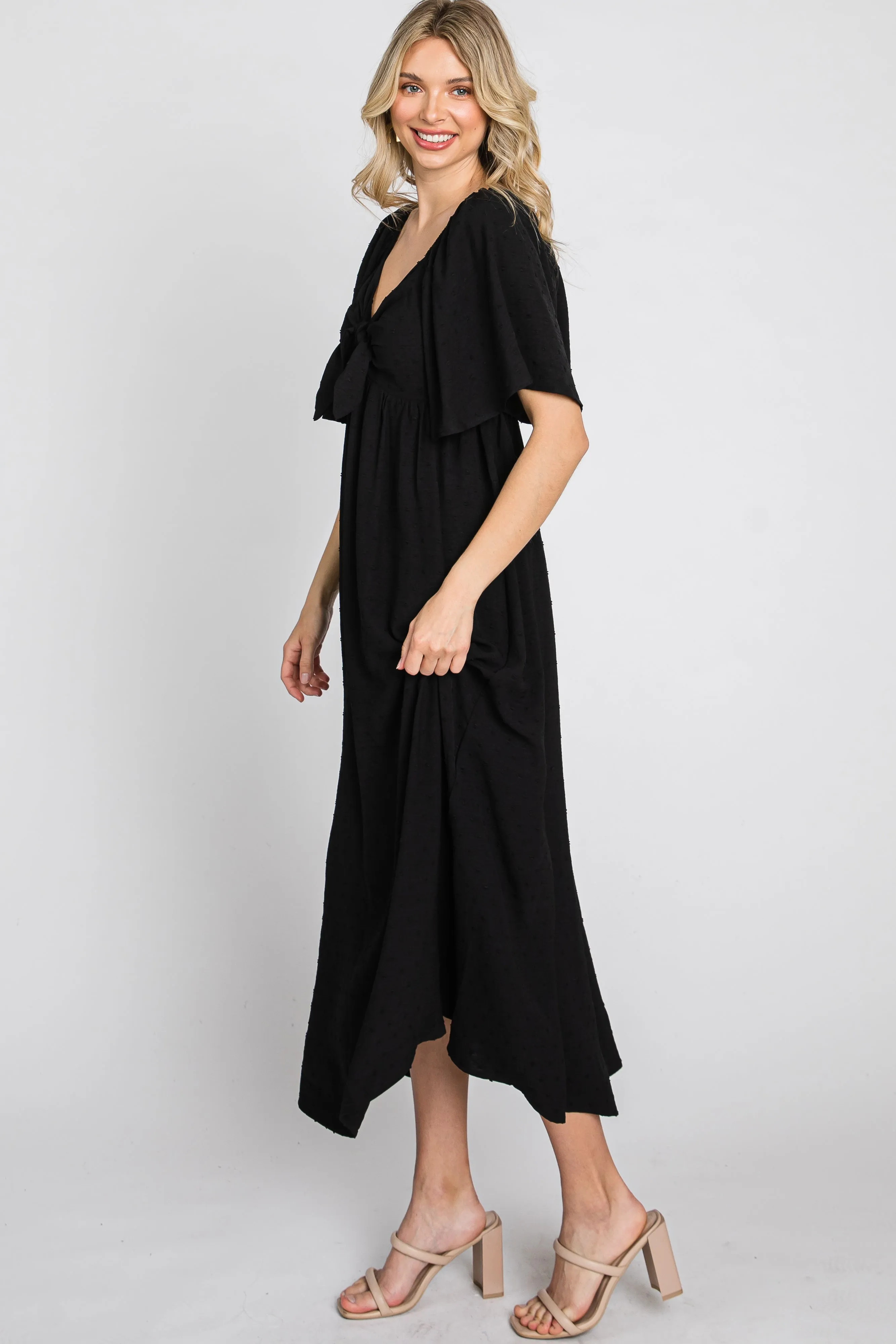 Black Textured Dot Front Tie Ruffle Sleeve Midi Dress sold by Pinkblush product image thumbnail 5