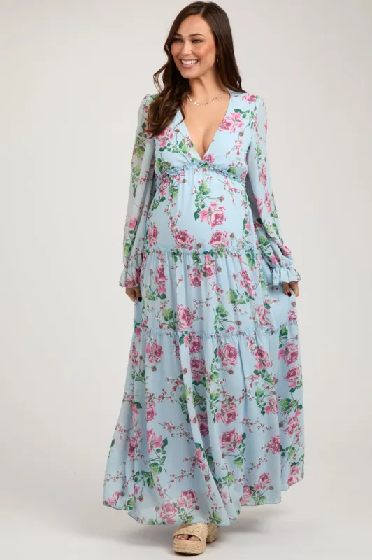 Blue Floral Chiffon Ruffle Tiered Maternity Maxi Dress sold by Pinkblush