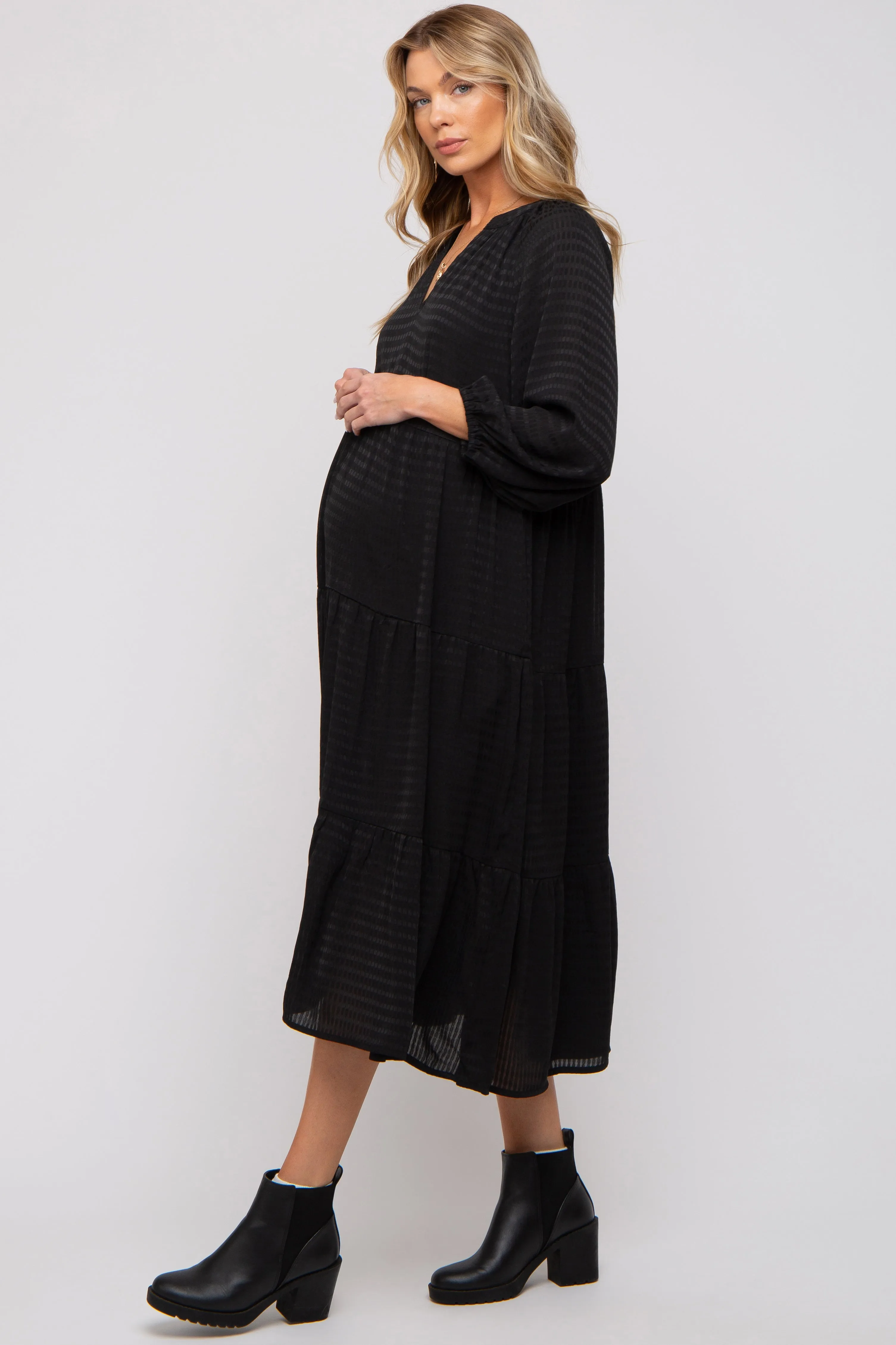 Black Textured Tiered Maternity Midi Dress sold by Pinkblush product image thumbnail 3