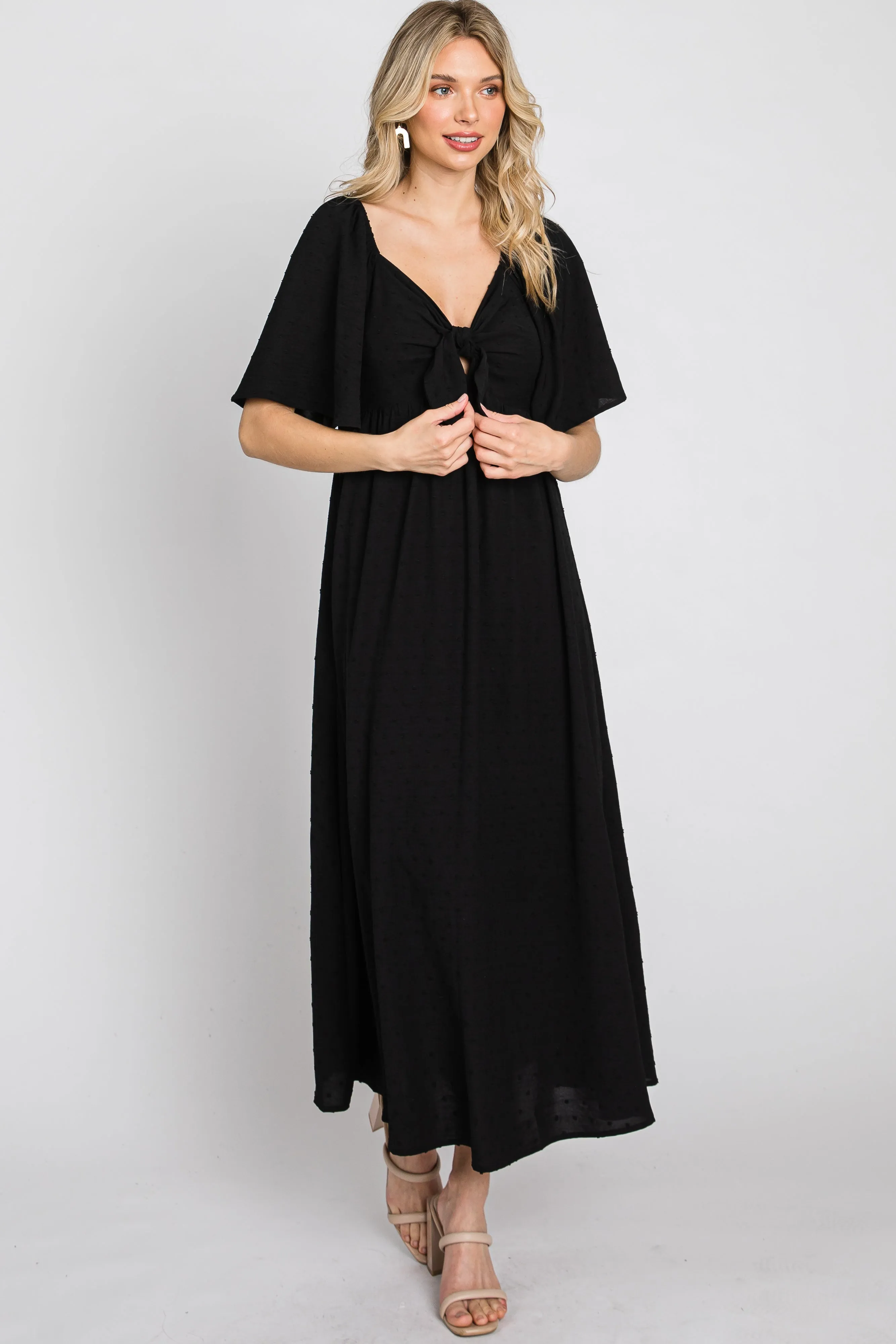 Black Textured Dot Front Tie Ruffle Sleeve Midi Dress sold by Pinkblush product image thumbnail 3