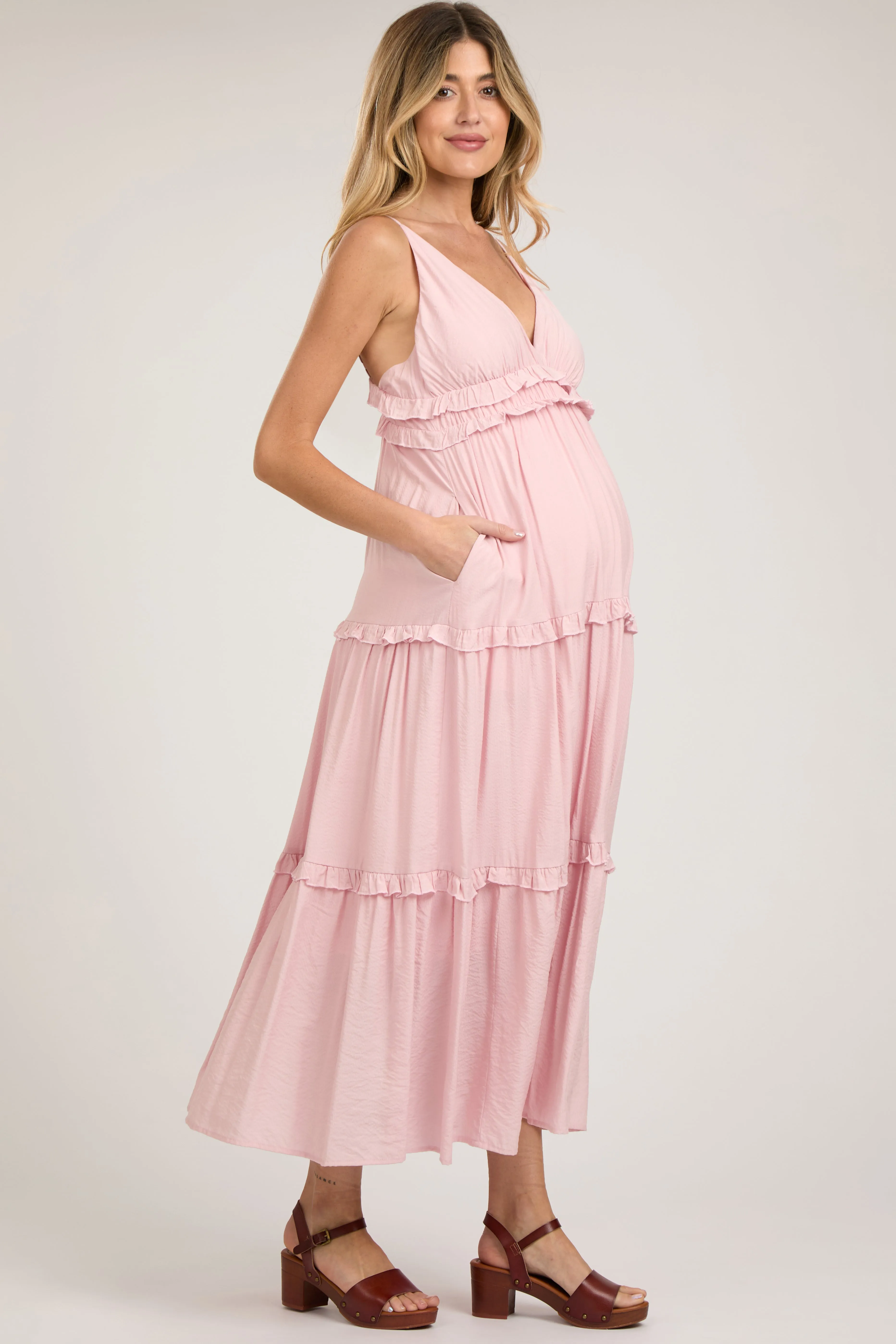Pink Striped Ruffle Tiered Maternity Maxi Dress sold by Pinkblush product image thumbnail 4