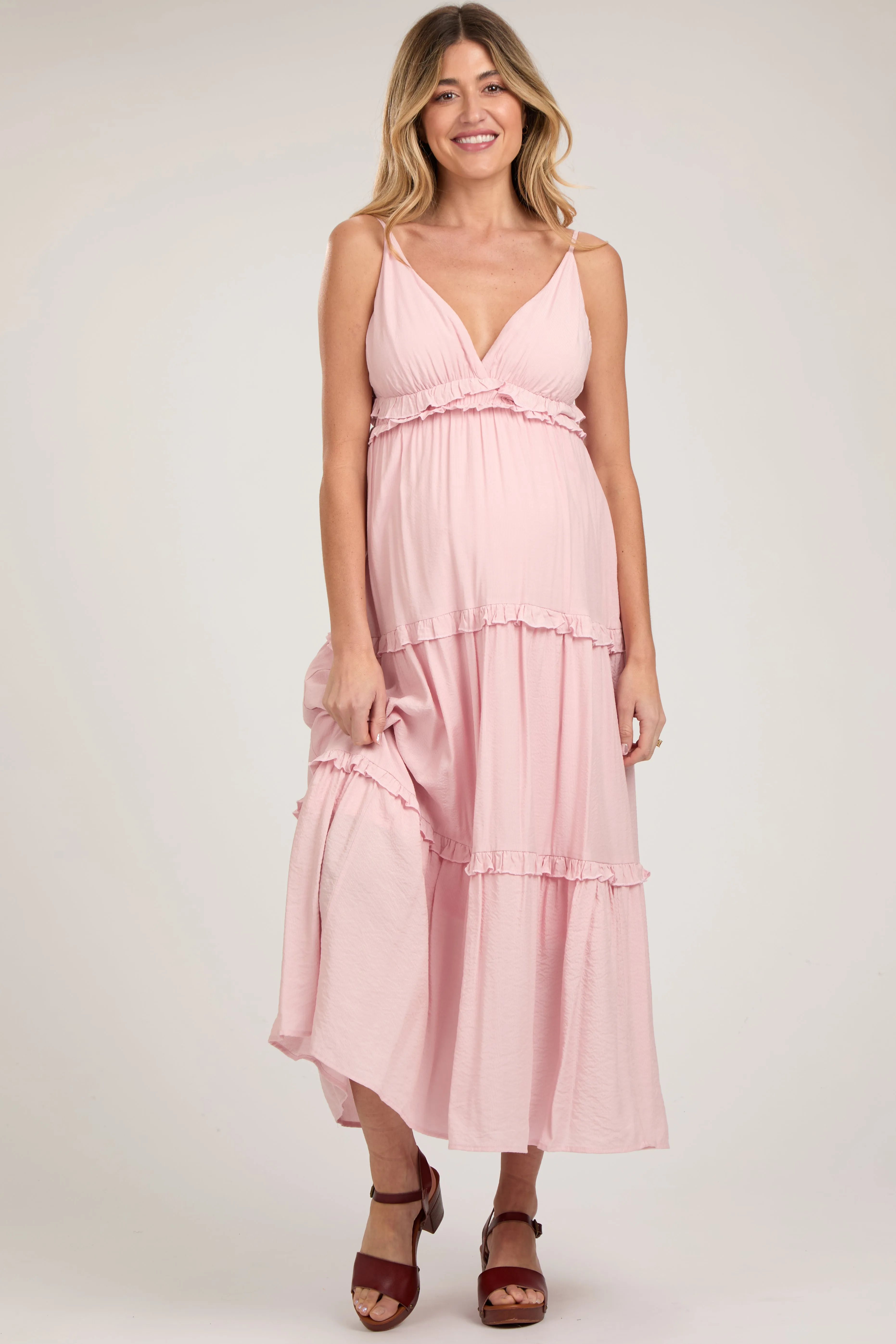 Pink Striped Ruffle Tiered Maternity Maxi Dress sold by Pinkblush
