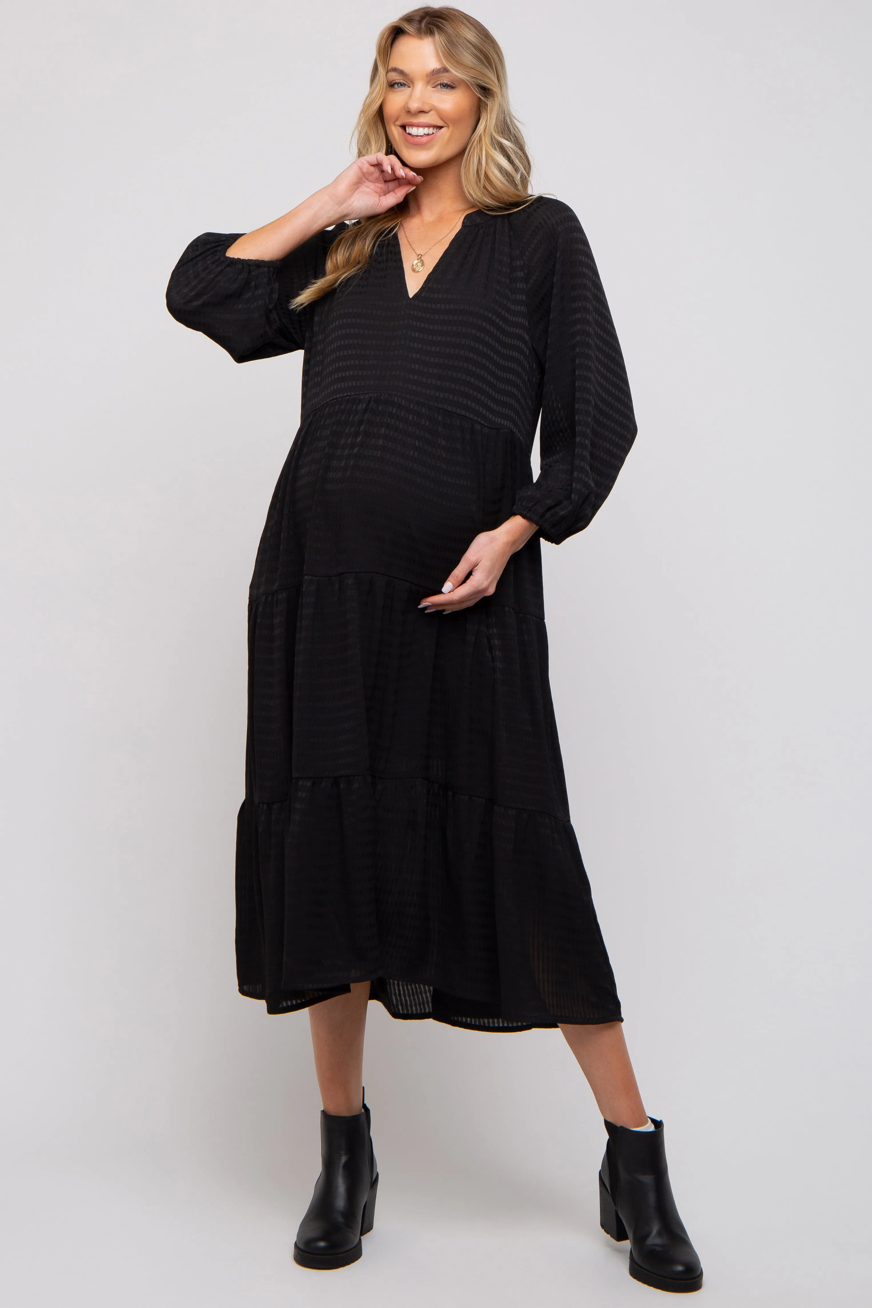 Black Textured Tiered Maternity Midi Dress sold by Pinkblush
