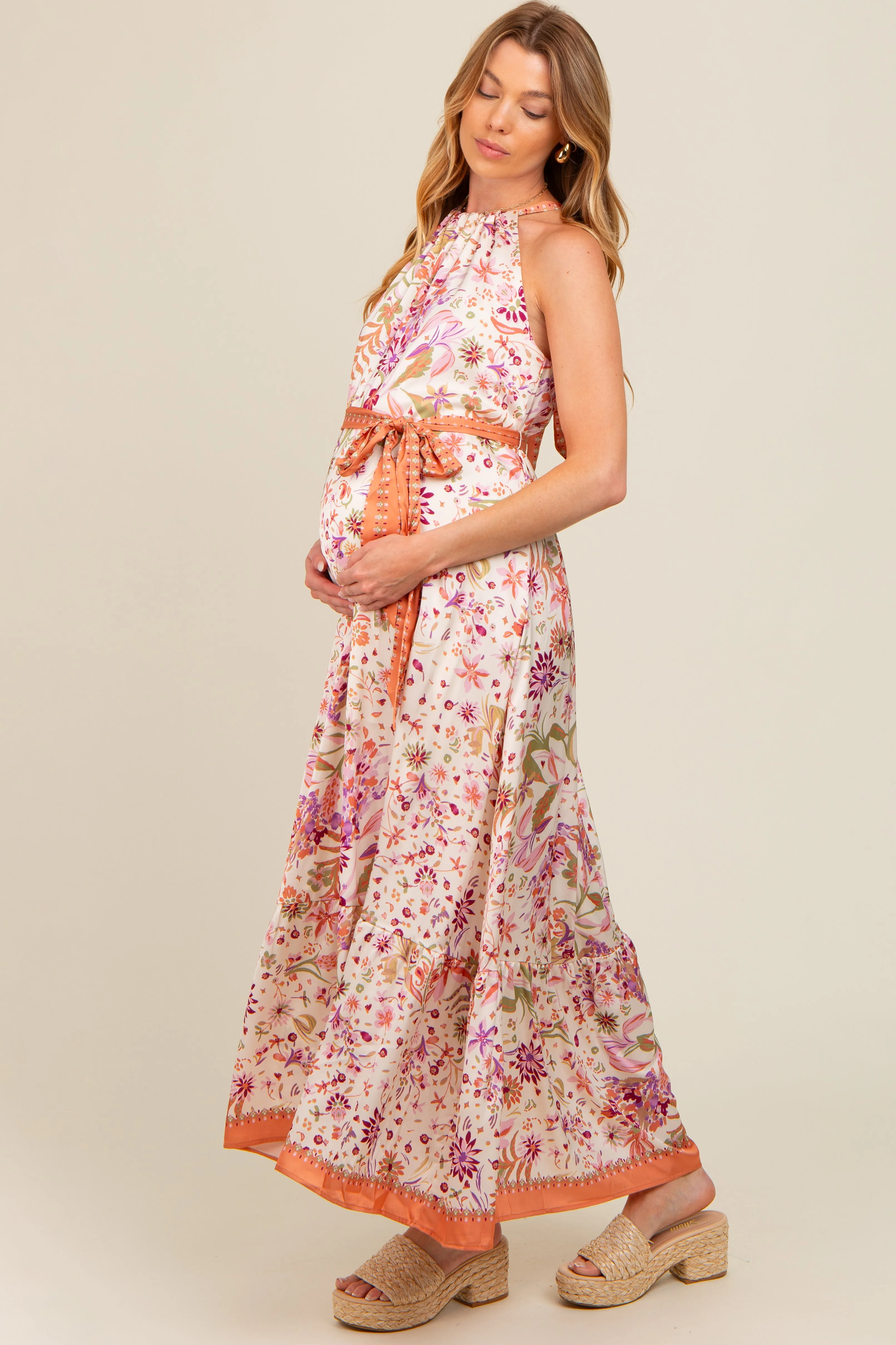Lavender Floral Halter Front Tie Maternity Maxi Dress sold by Pinkblush