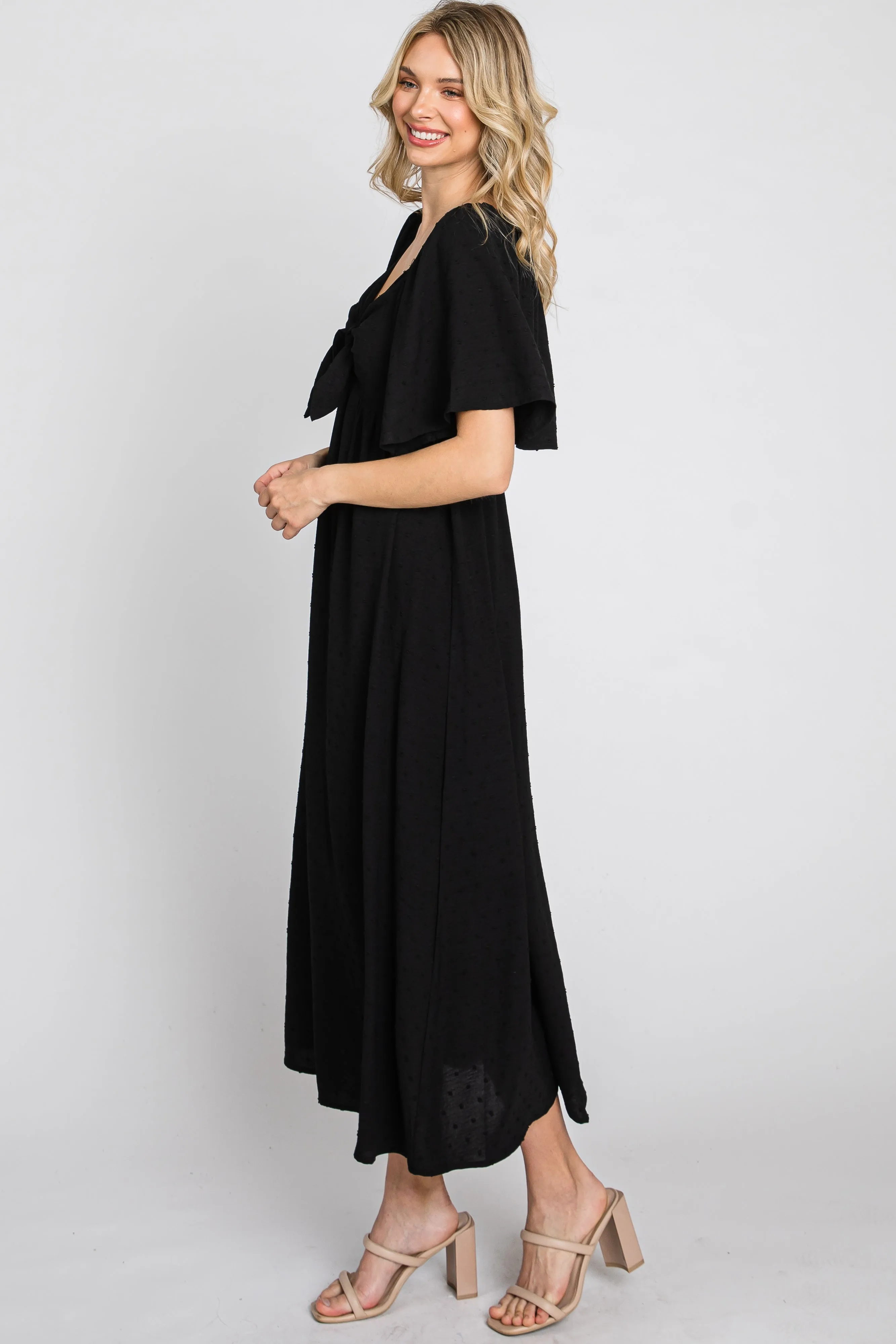 Black Textured Dot Front Tie Ruffle Sleeve Midi Dress sold by Pinkblush product image thumbnail 4