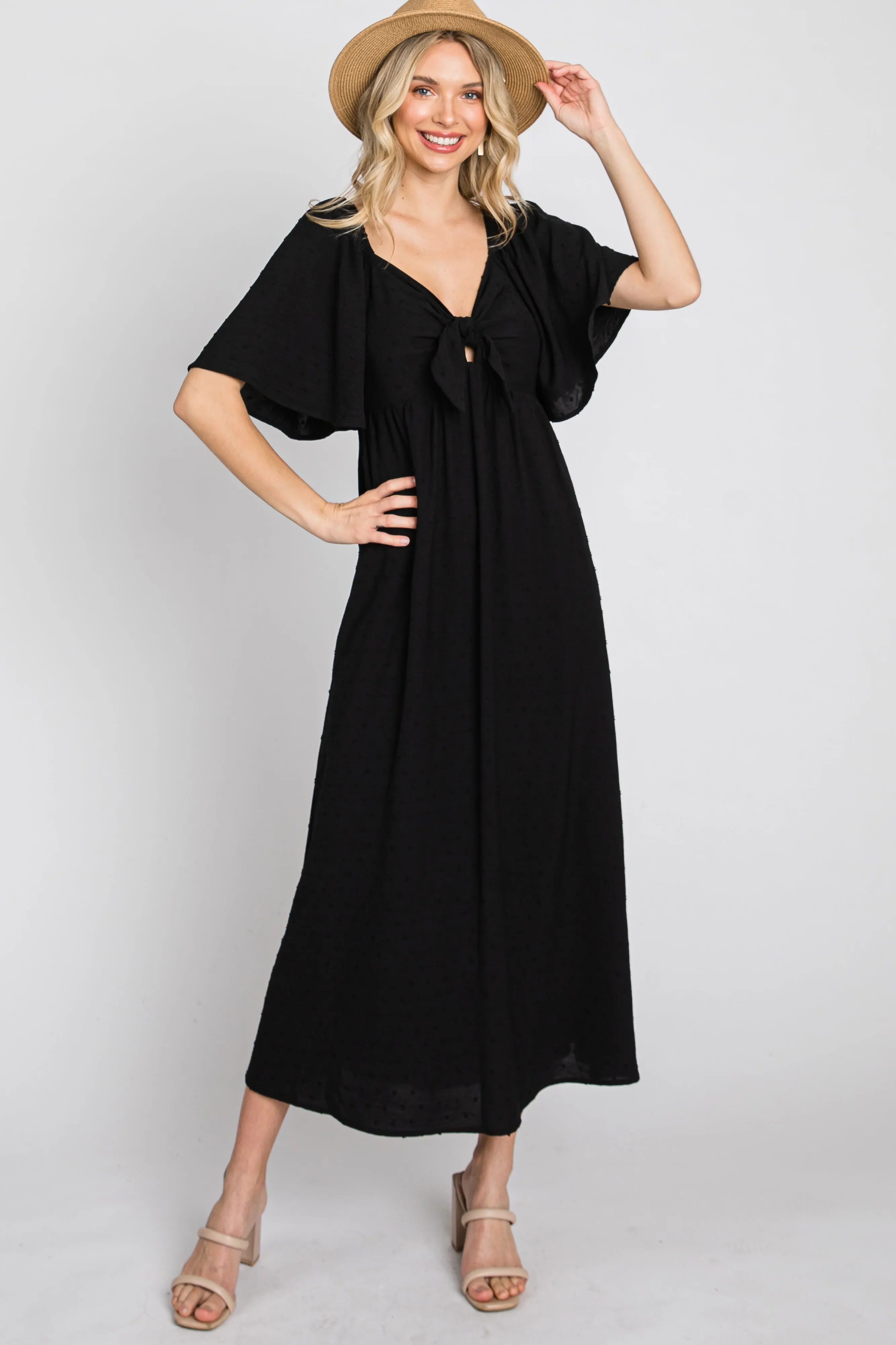 Black Textured Dot Front Tie Ruffle Sleeve Midi Dress sold by Pinkblush