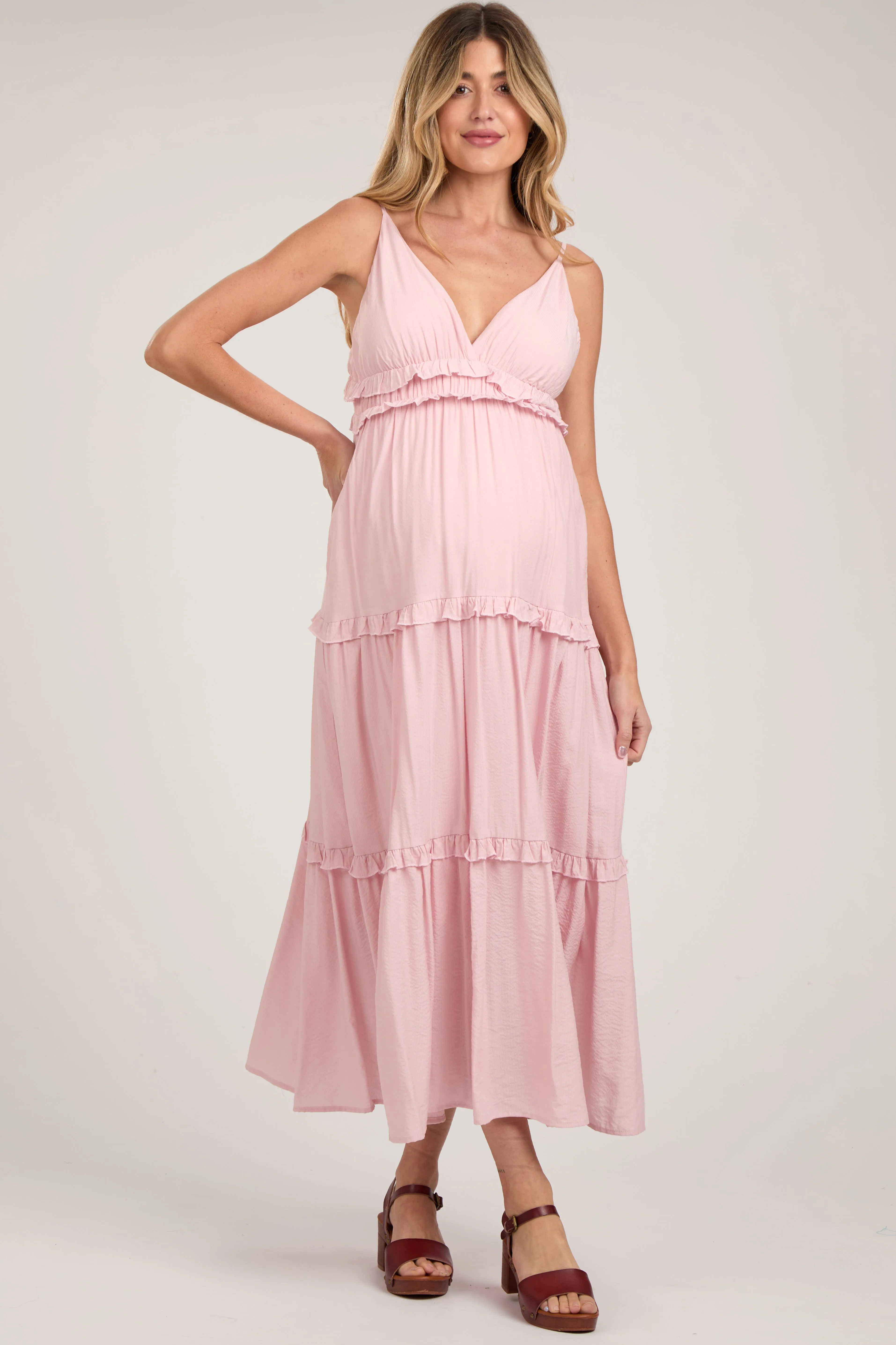 Pink Striped Ruffle Tiered Maternity Maxi Dress sold by Pinkblush product image thumbnail 2