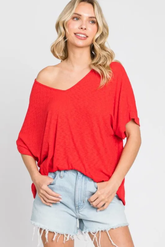 Red Rib Knit V-Neck Top sold by Pinkblush