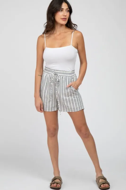 Navy Blue Striped Linen Drawstring Shorts sold by Pinkblush