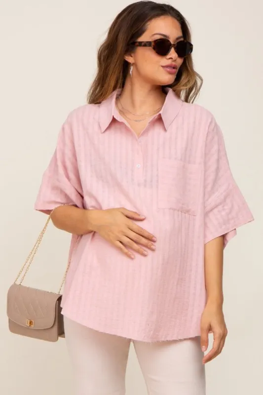 Light Pink Striped Collared Maternity Top sold by Pinkblush