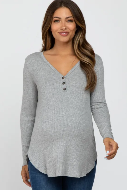 Heather Grey Button Accent Long Sleeve Maternity Top sold by Pinkblush