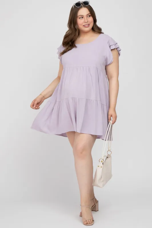 Lavender Tiered Linen Maternity Plus Dress sold by Pinkblush