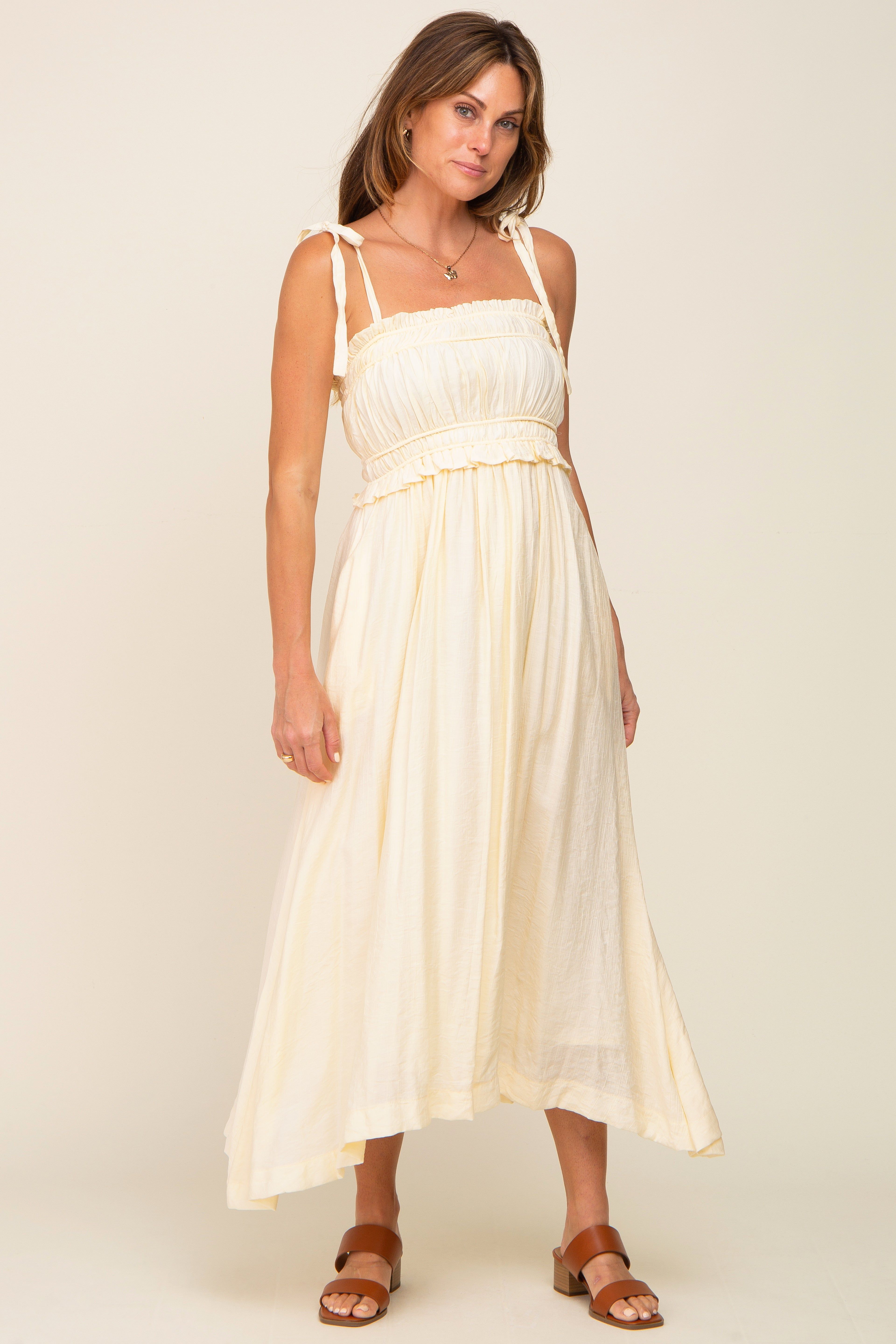 Cream Shirred Shoulder Tie Midi Dress sold by Pinkblush product image thumbnail 4