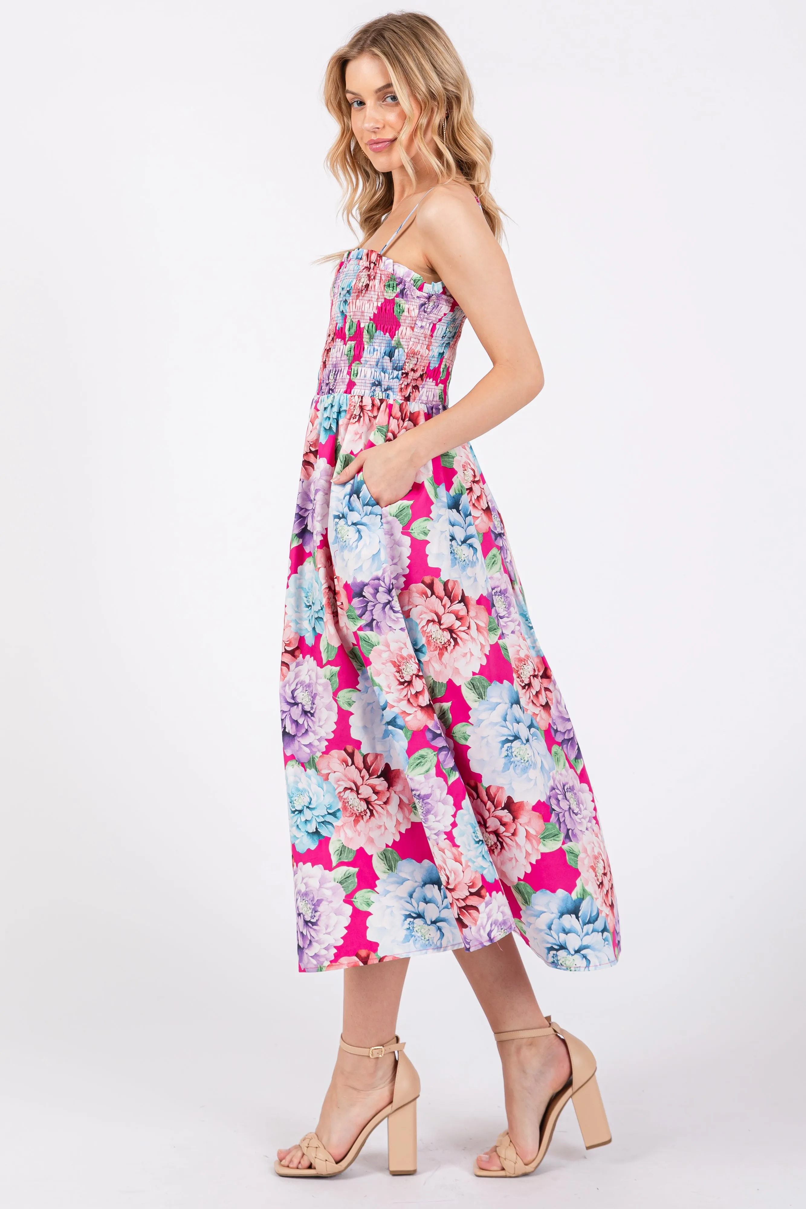 Fuchsia Floral Smocked Midi Dress sold by Pinkblush product image thumbnail 2