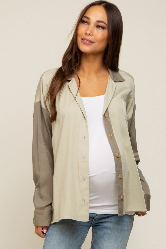 Light Olive Colorblock Oversized Maternity Blouse sold by Pinkblush