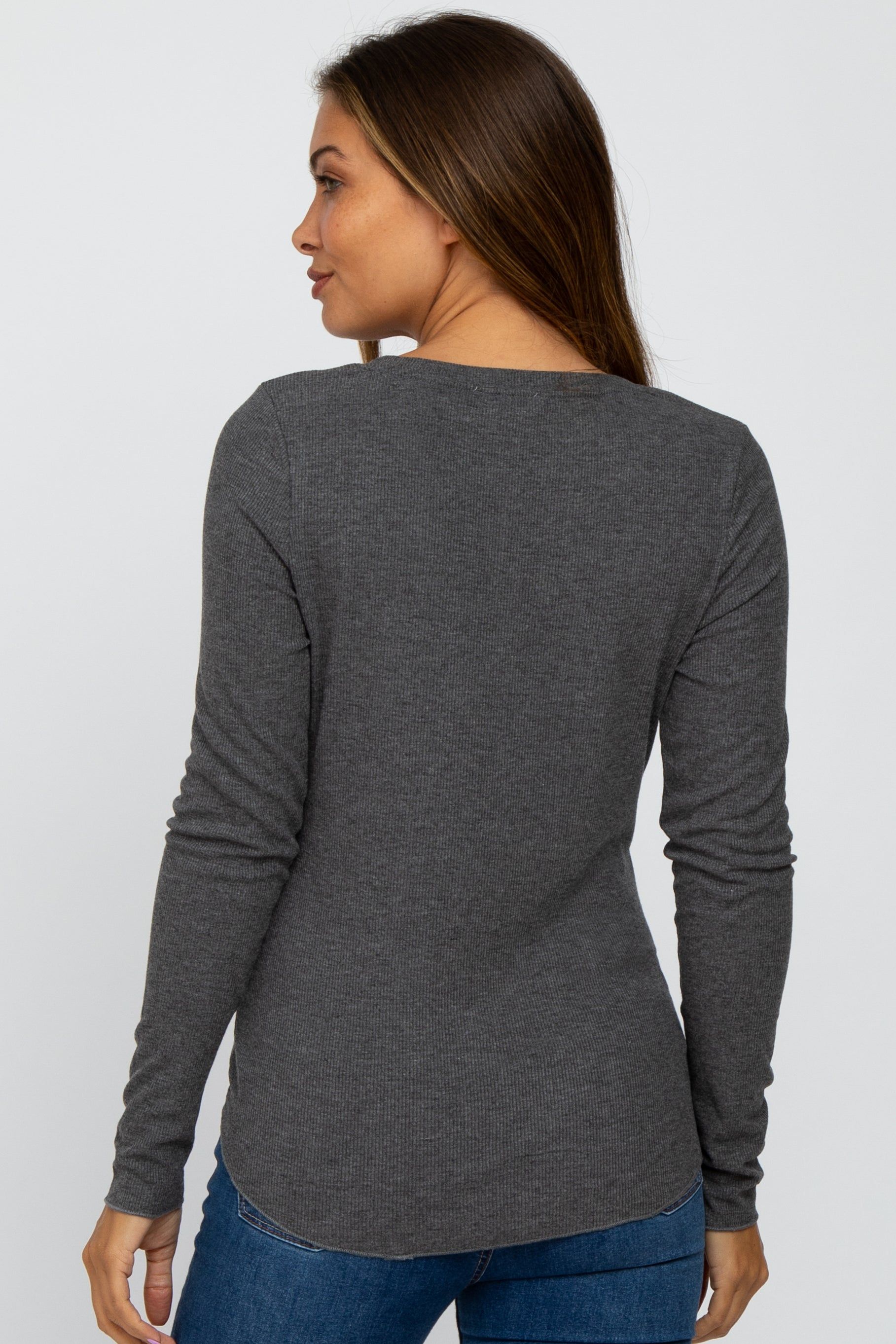 Charcoal Ribbed Button Front Long Sleeve Maternity Top sold by Pinkblush product image thumbnail 3