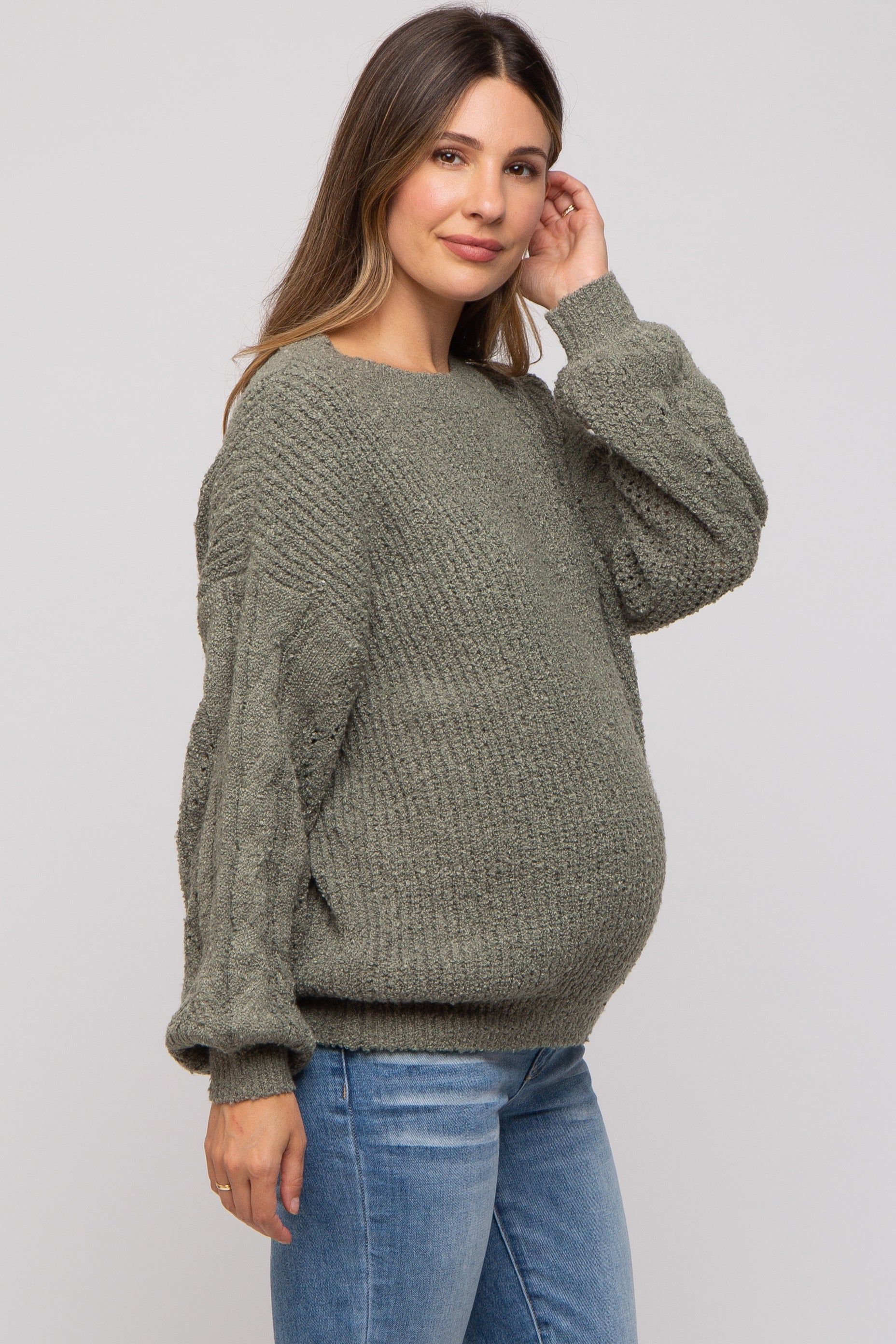 Light Olive Knit Puff Sleeve Maternity Sweater sold by Pinkblush product image thumbnail 2