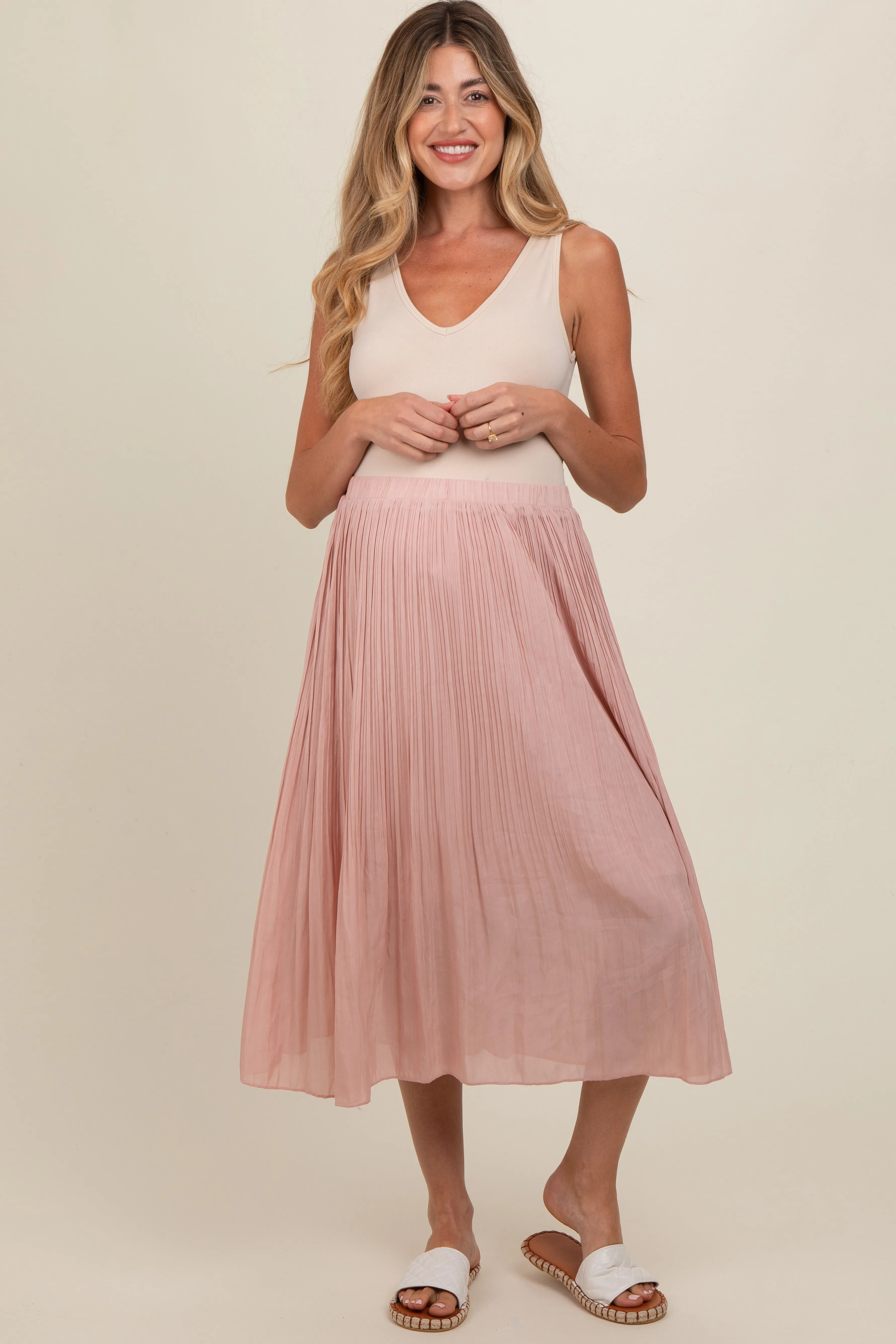Mauve Pleated Maternity Midi Skirt sold by Pinkblush