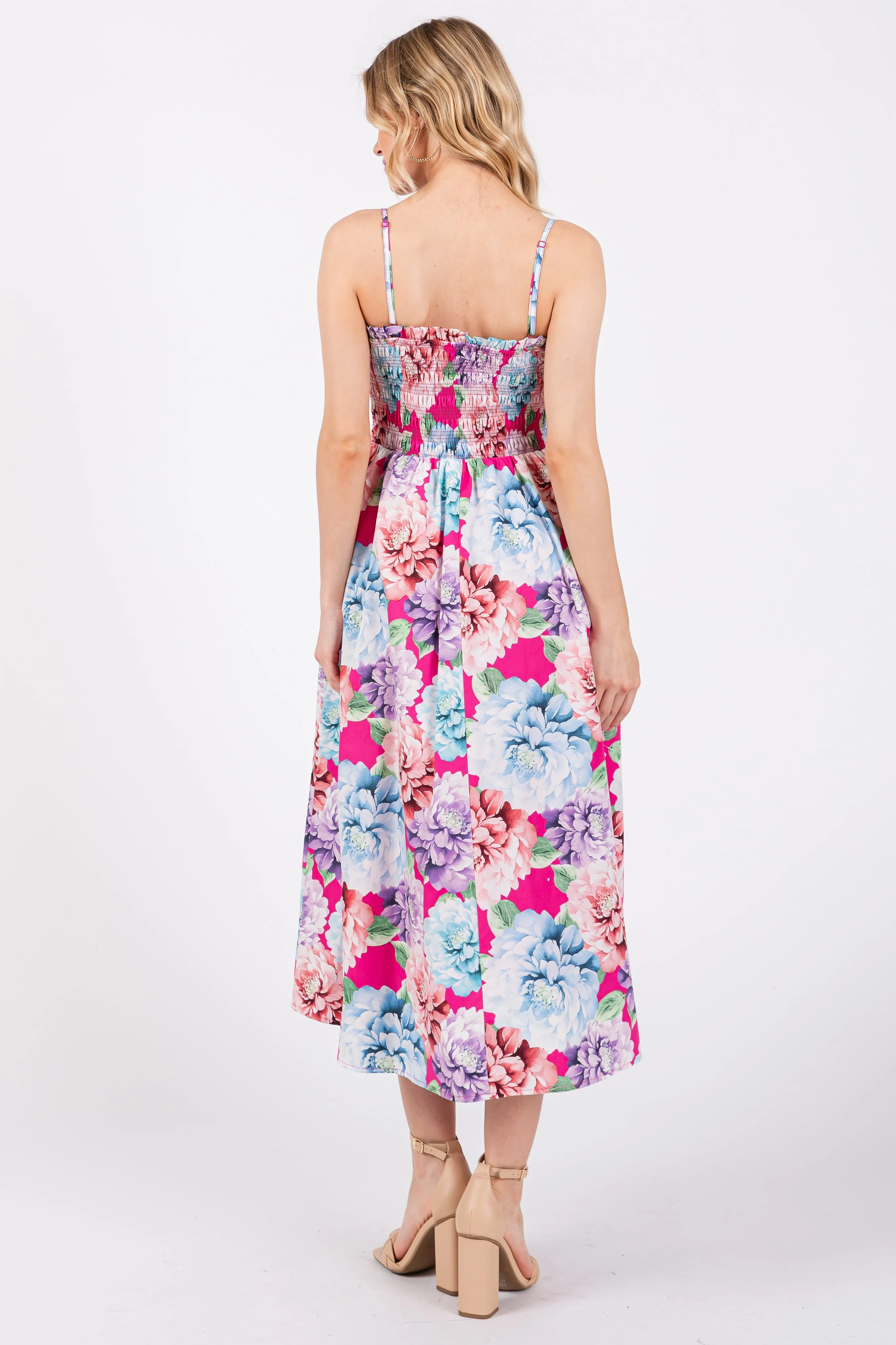 Fuchsia Floral Smocked Midi Dress sold by Pinkblush product image thumbnail 3