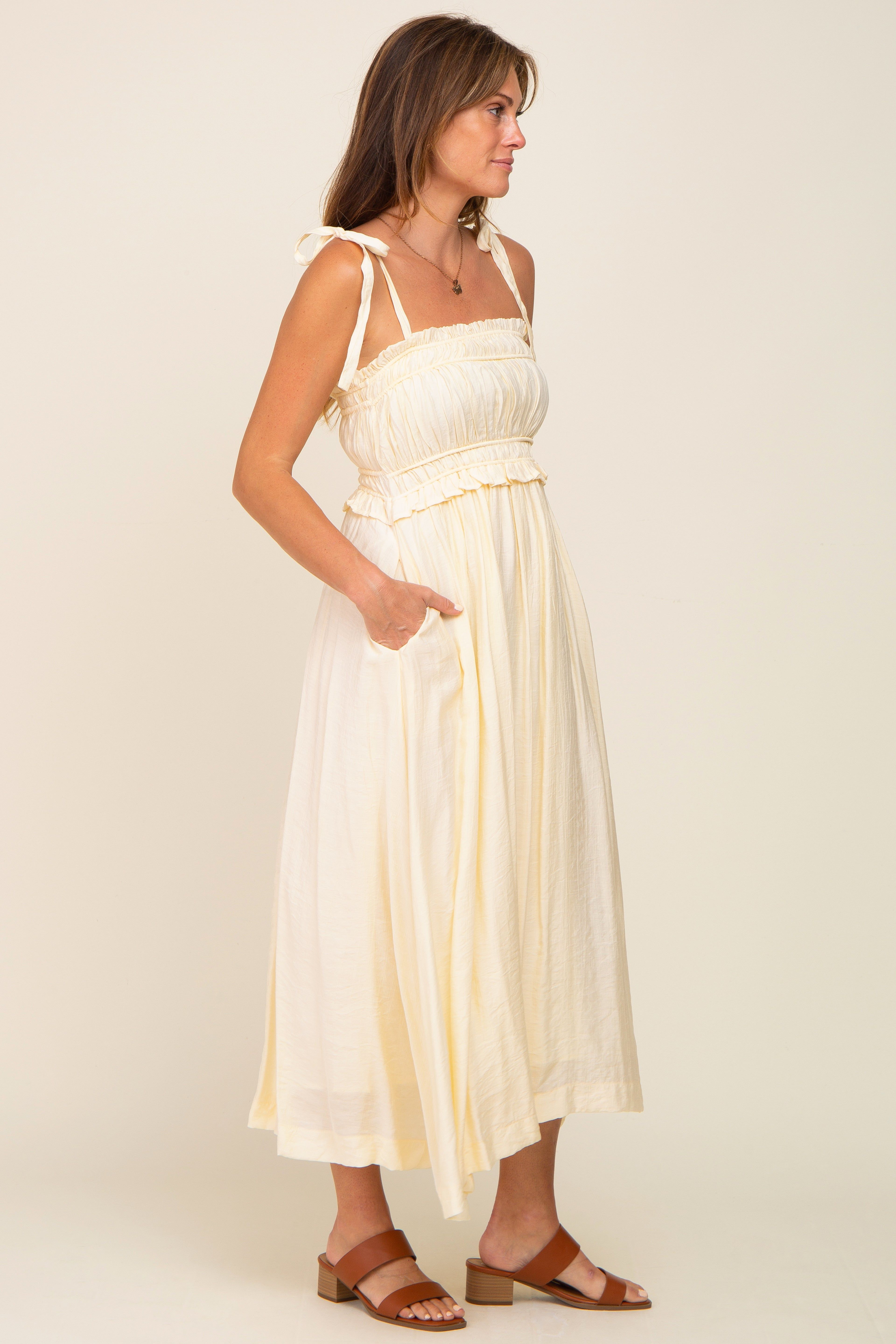 Cream Shirred Shoulder Tie Midi Dress sold by Pinkblush product image thumbnail 2