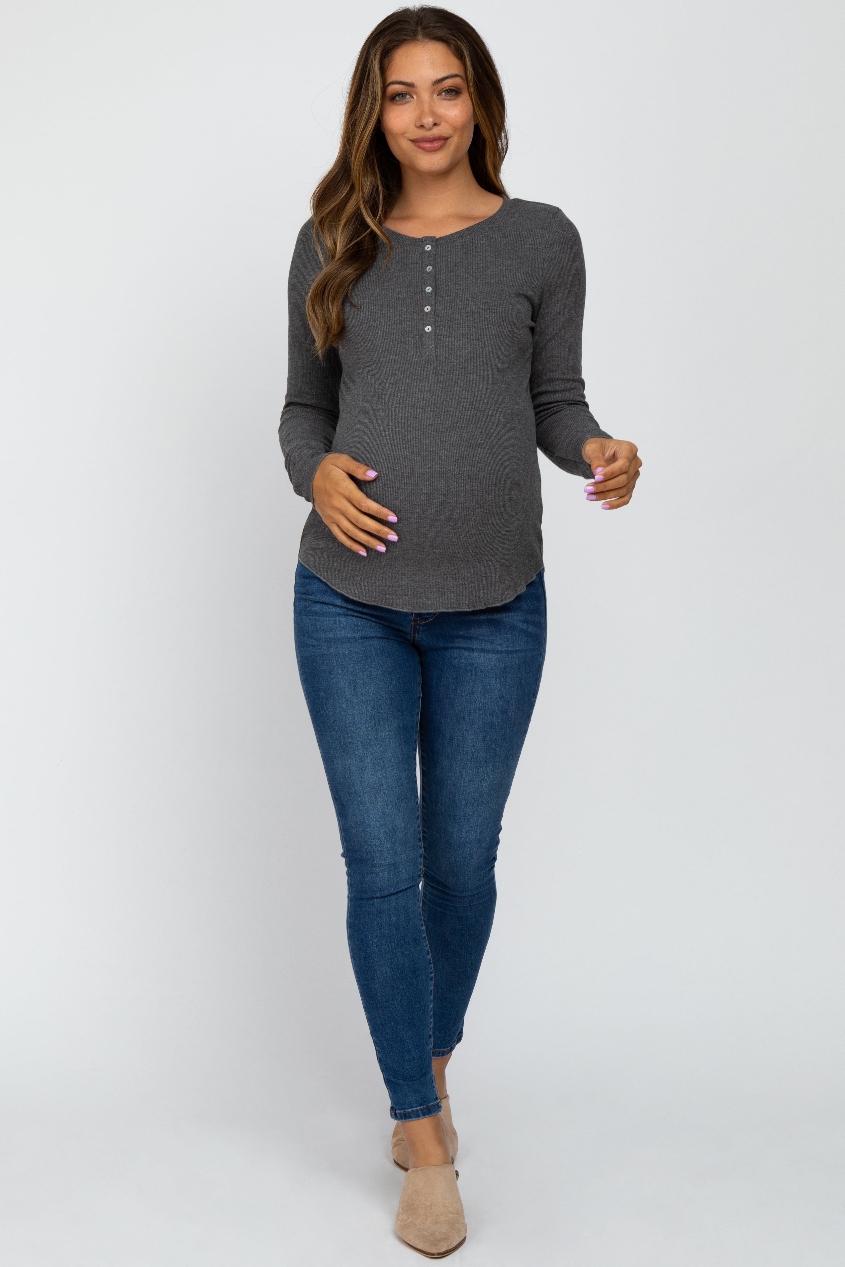 Charcoal Ribbed Button Front Long Sleeve Maternity Top sold by Pinkblush product image thumbnail 4