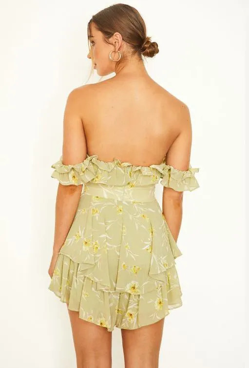 Olive Floral Ruffle Off The Shoulder Mini Romper sold by Pinkblush product image thumbnail 3