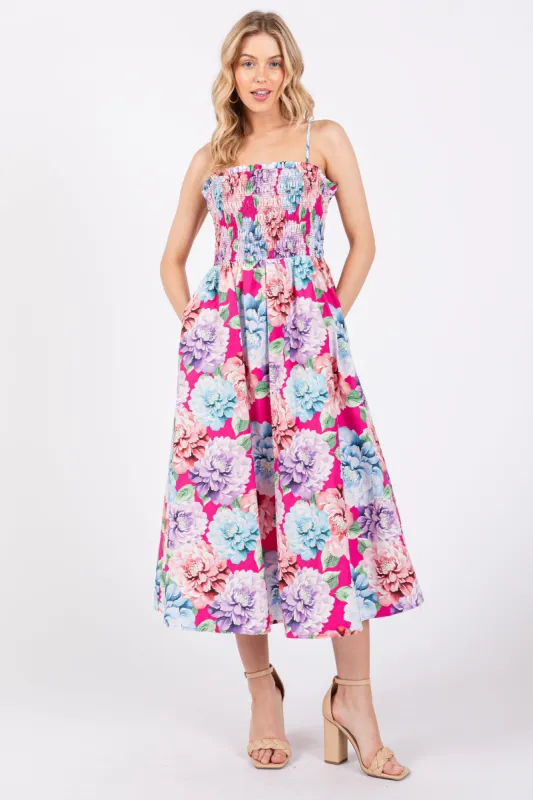 Fuchsia Floral Smocked Midi Dress sold by Pinkblush