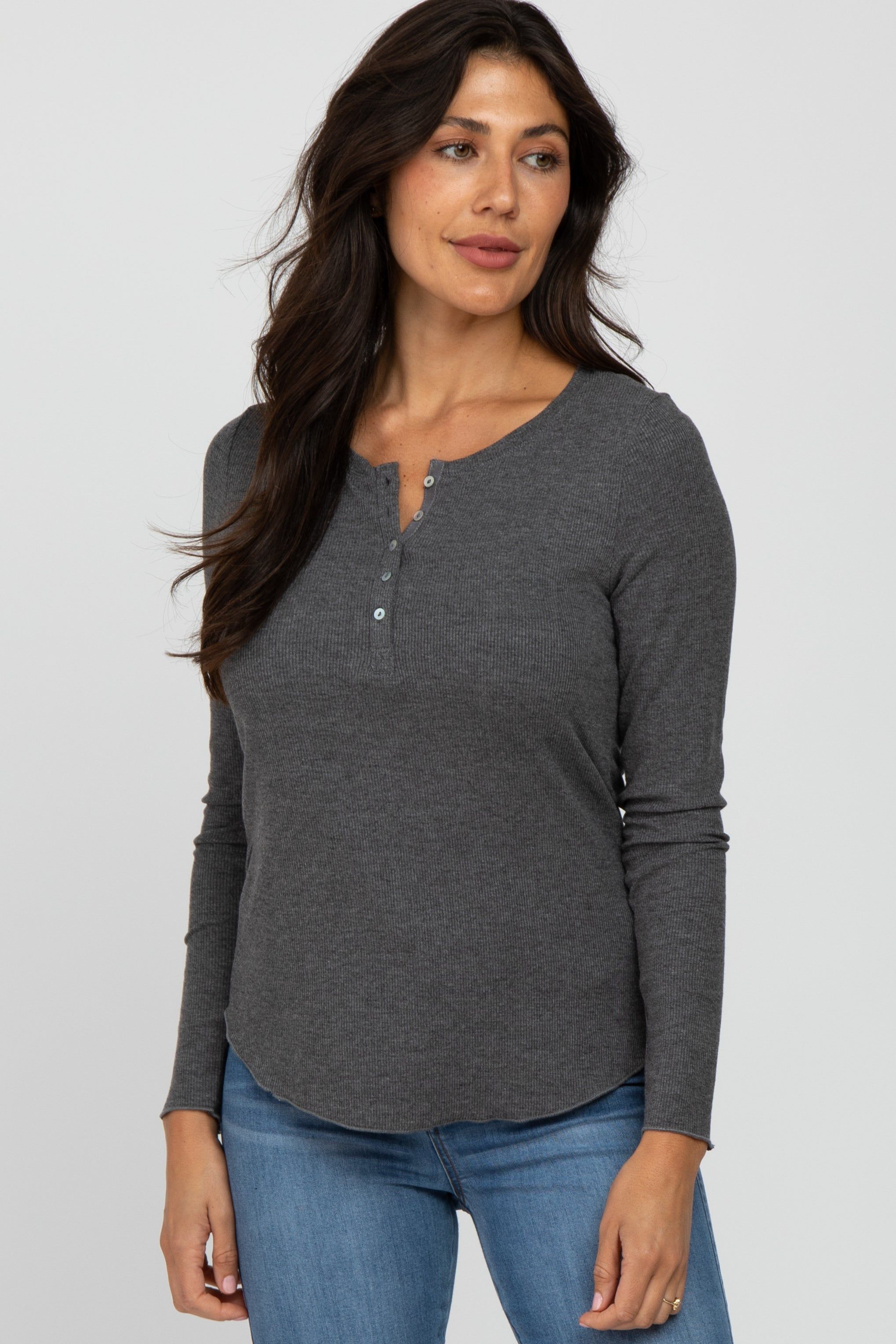 Charcoal Ribbed Button Front Long Sleeve Maternity Top sold by Pinkblush product image thumbnail 5
