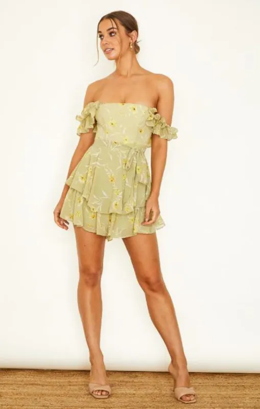 Olive Floral Ruffle Off The Shoulder Mini Romper sold by Pinkblush