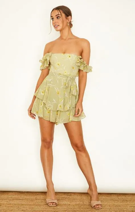 Olive Floral Ruffle Off The Shoulder Mini Romper sold by Pinkblush