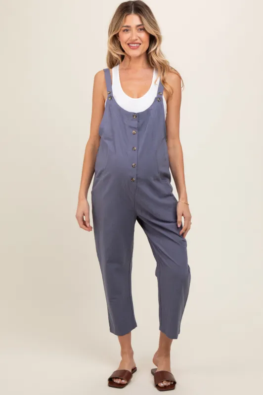 Blue Button Down Maternity Cropped Jumpsuit sold by Pinkblush