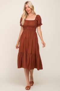 Camel Puff Sleeve Ruffle Hem Midi Dress sold by Pinkblush