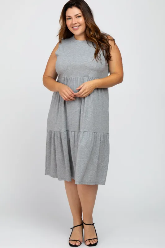 Heather Grey Ribbed Sleeveless Plus Midi Dress sold by Pinkblush