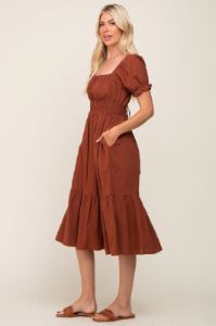 Camel Puff Sleeve Ruffle Hem Midi Dress sold by Pinkblush