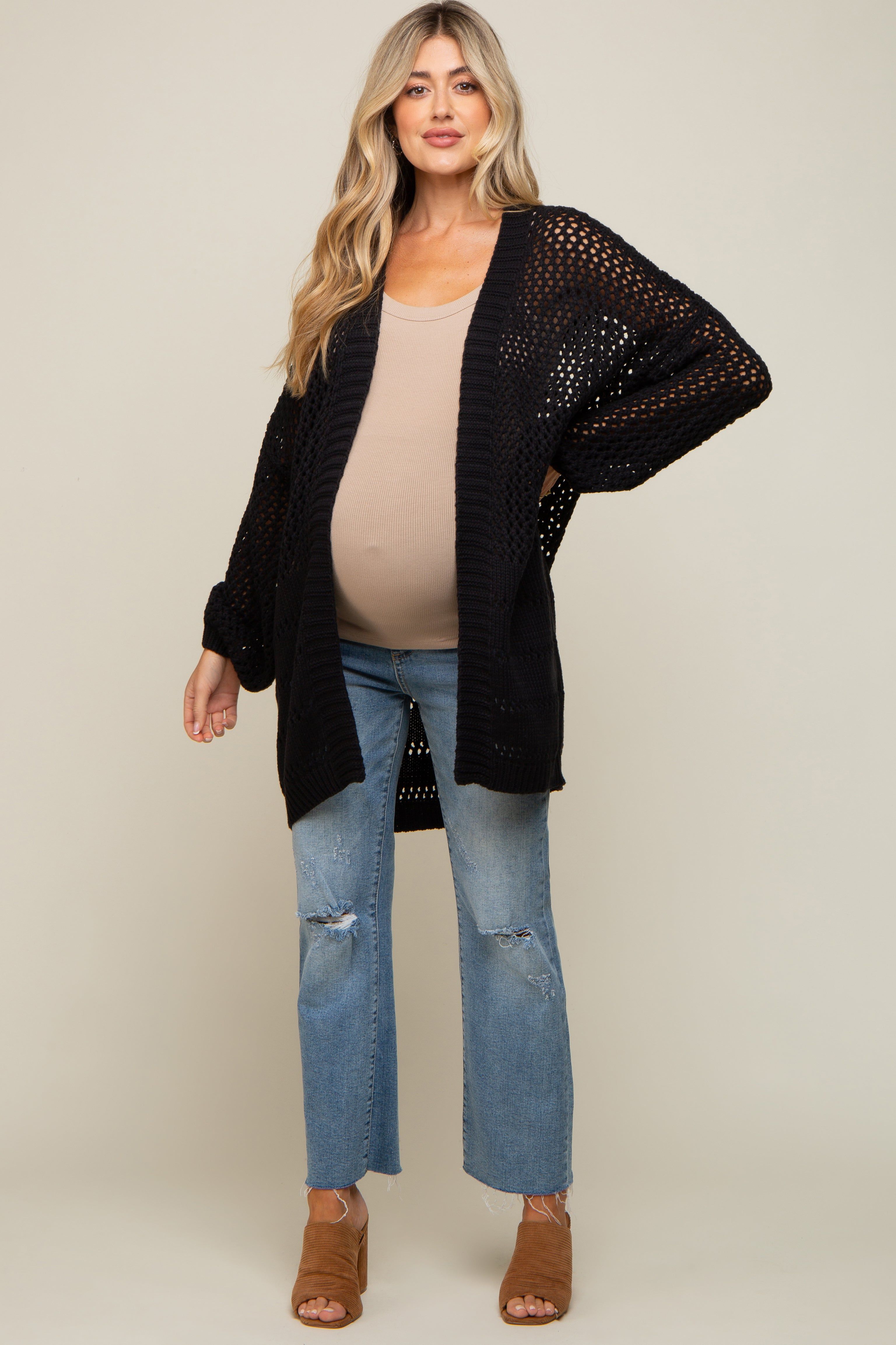 Black Open Knit Oversized Maternity Cardigan sold by Pinkblush