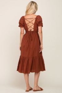 Camel Puff Sleeve Ruffle Hem Midi Dress sold by Pinkblush