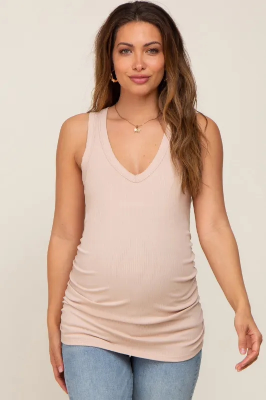 Taupe Ribbed Sleeveless Ruched Maternity Tank Top sold by Pinkblush