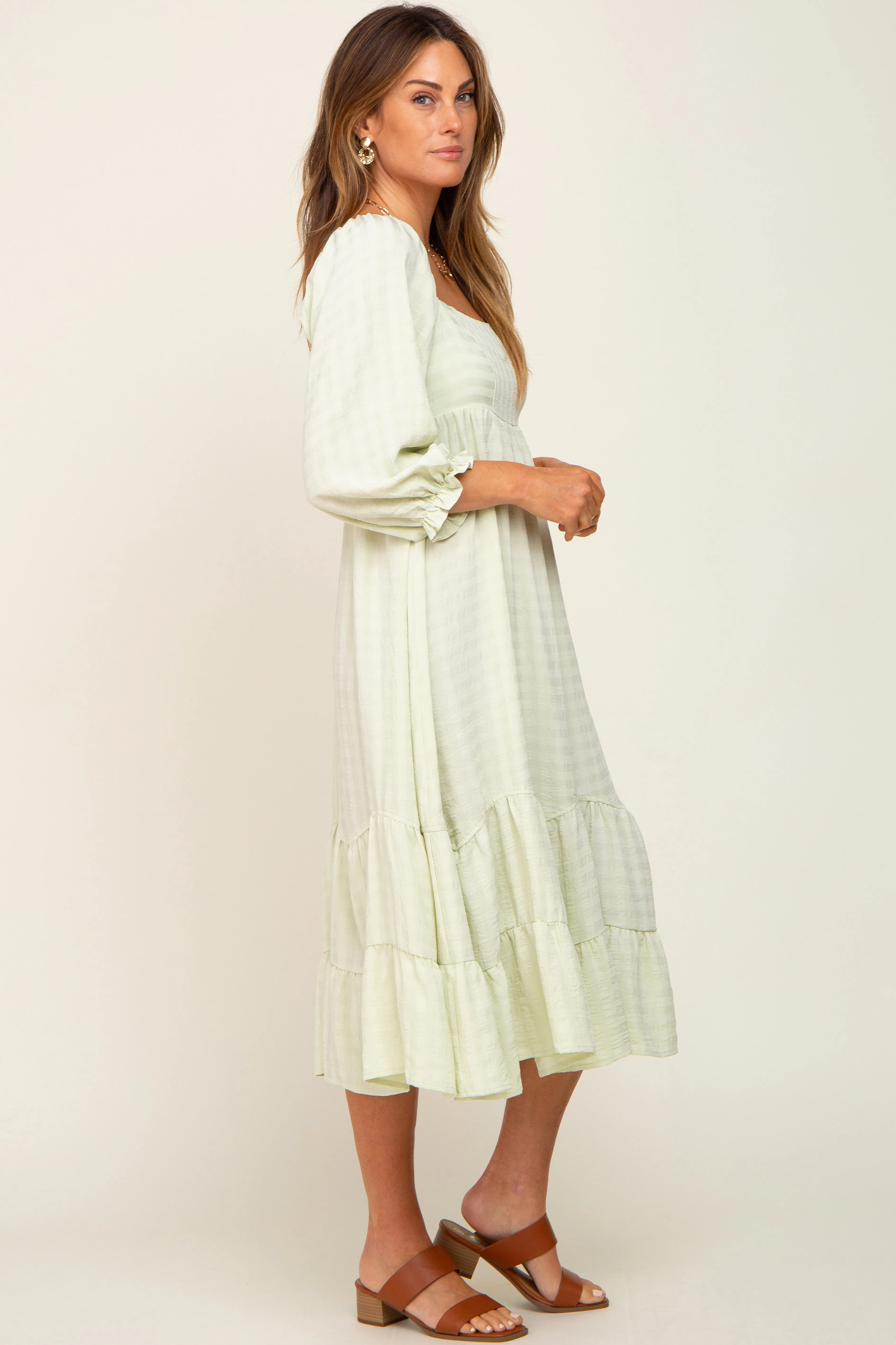 Light Green Striped 3/4 Cinched Sleeve Tiered Midi Dress sold by Pinkblush product image thumbnail 2
