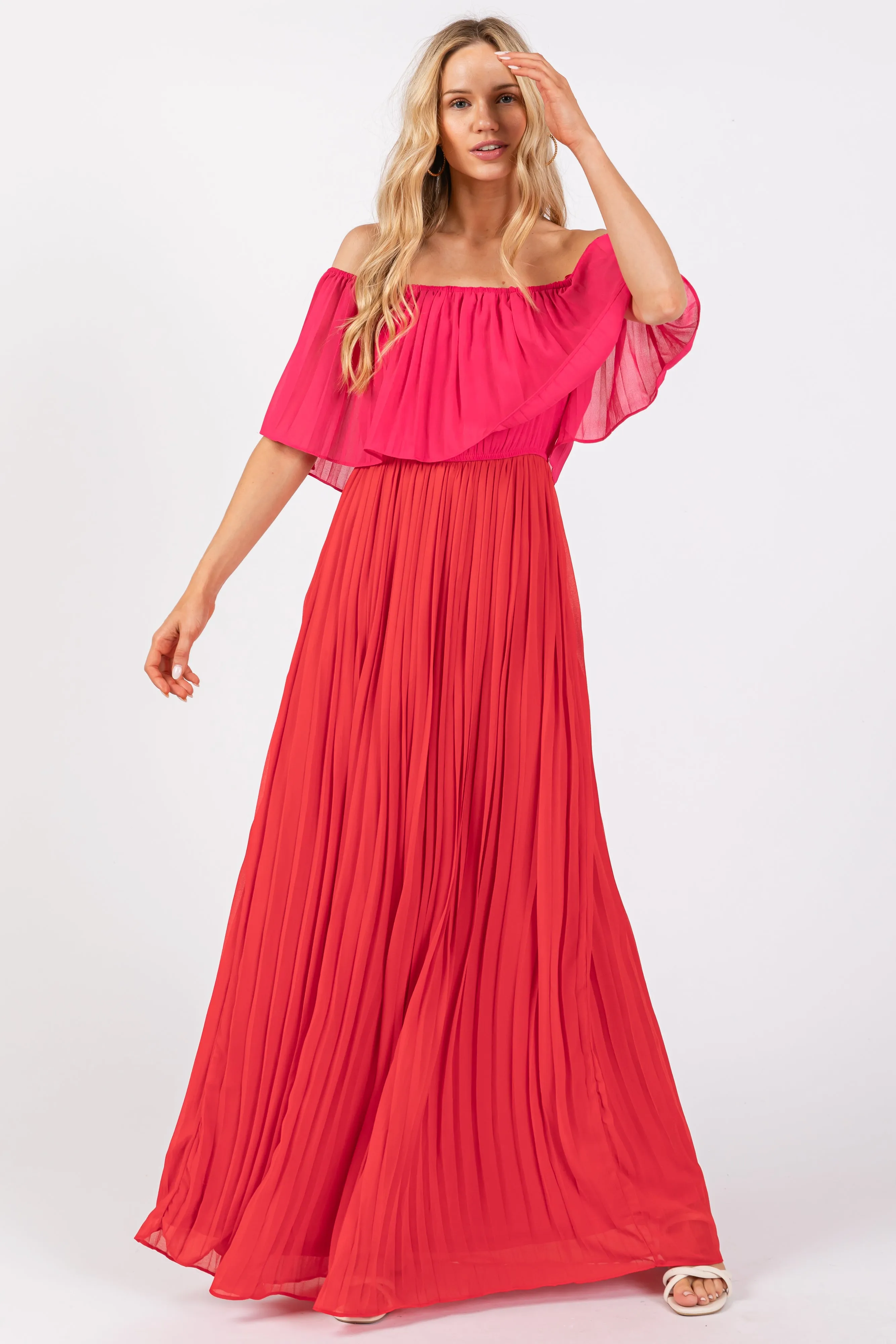 Red Pleated Off Shoulder Colorblock Maternity Maxi Dress sold by Pinkblush product image thumbnail 5