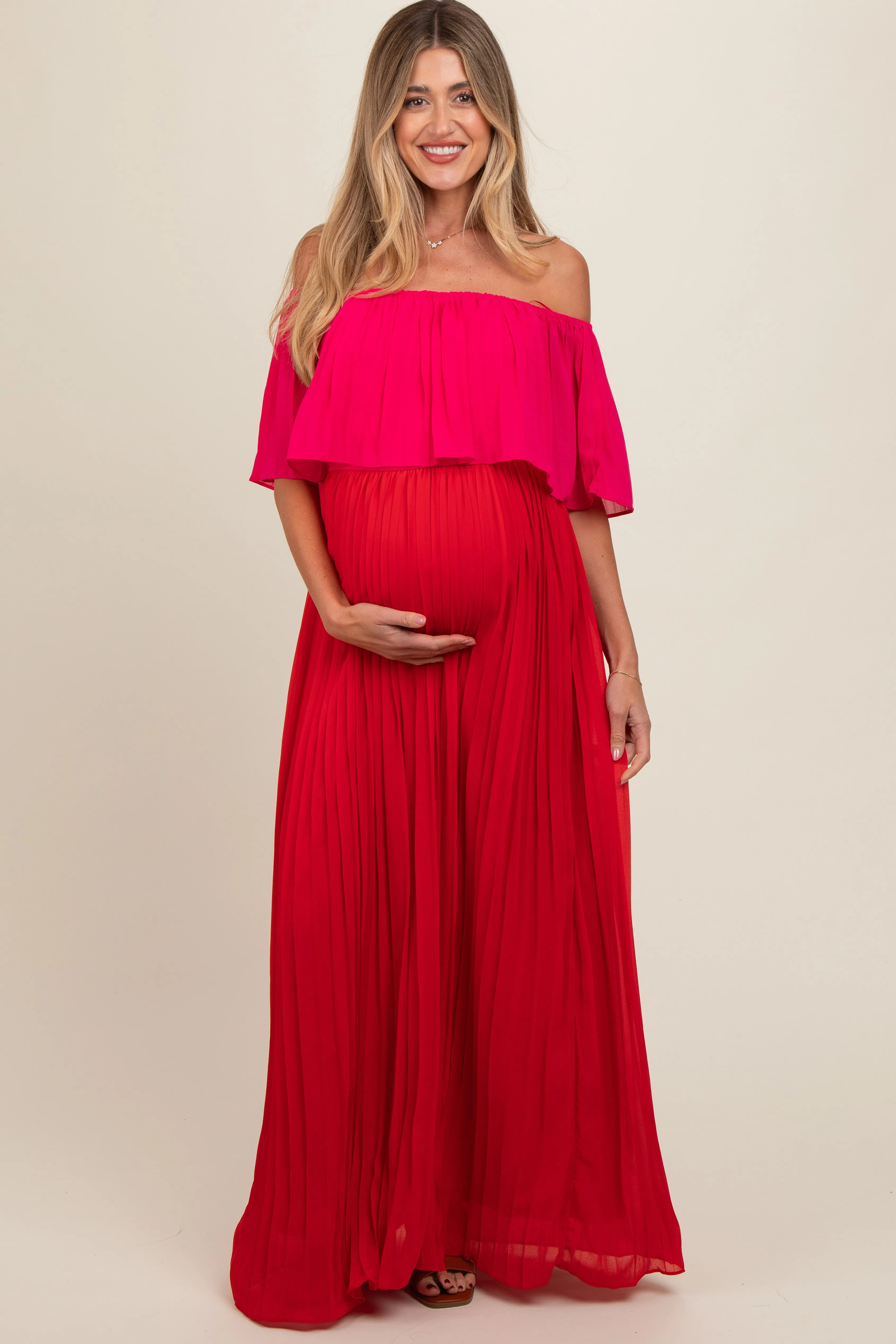 Red Pleated Off Shoulder Colorblock Maternity Maxi Dress sold by Pinkblush product image thumbnail 2