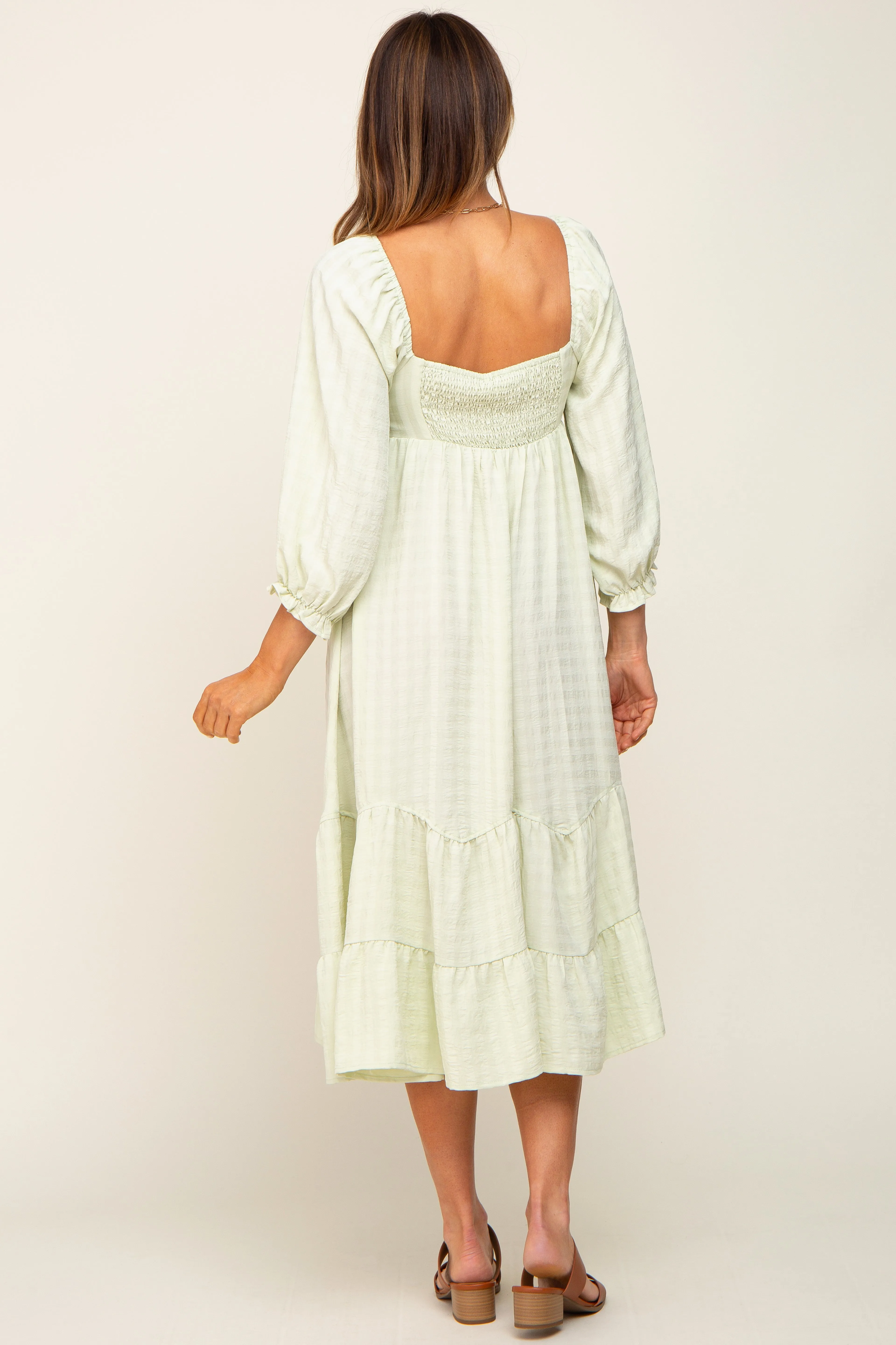 Light Green Striped 3/4 Cinched Sleeve Tiered Midi Dress sold by Pinkblush product image thumbnail 3