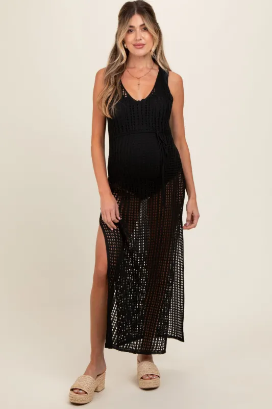 Black Crochet V-Neck Side Slit Maternity Cover Up sold by Pinkblush