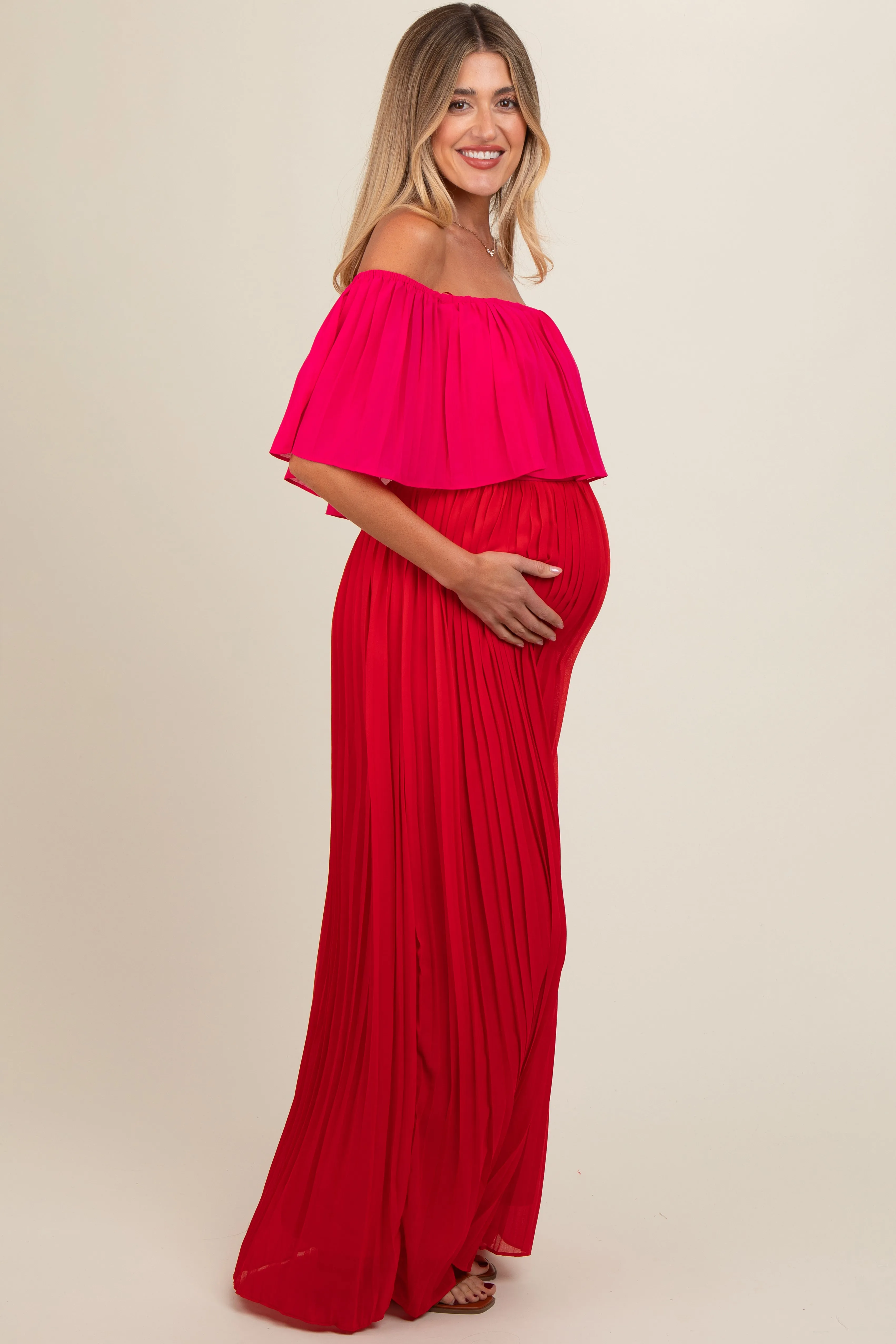 Red Pleated Off Shoulder Colorblock Maternity Maxi Dress sold by Pinkblush product image thumbnail 3