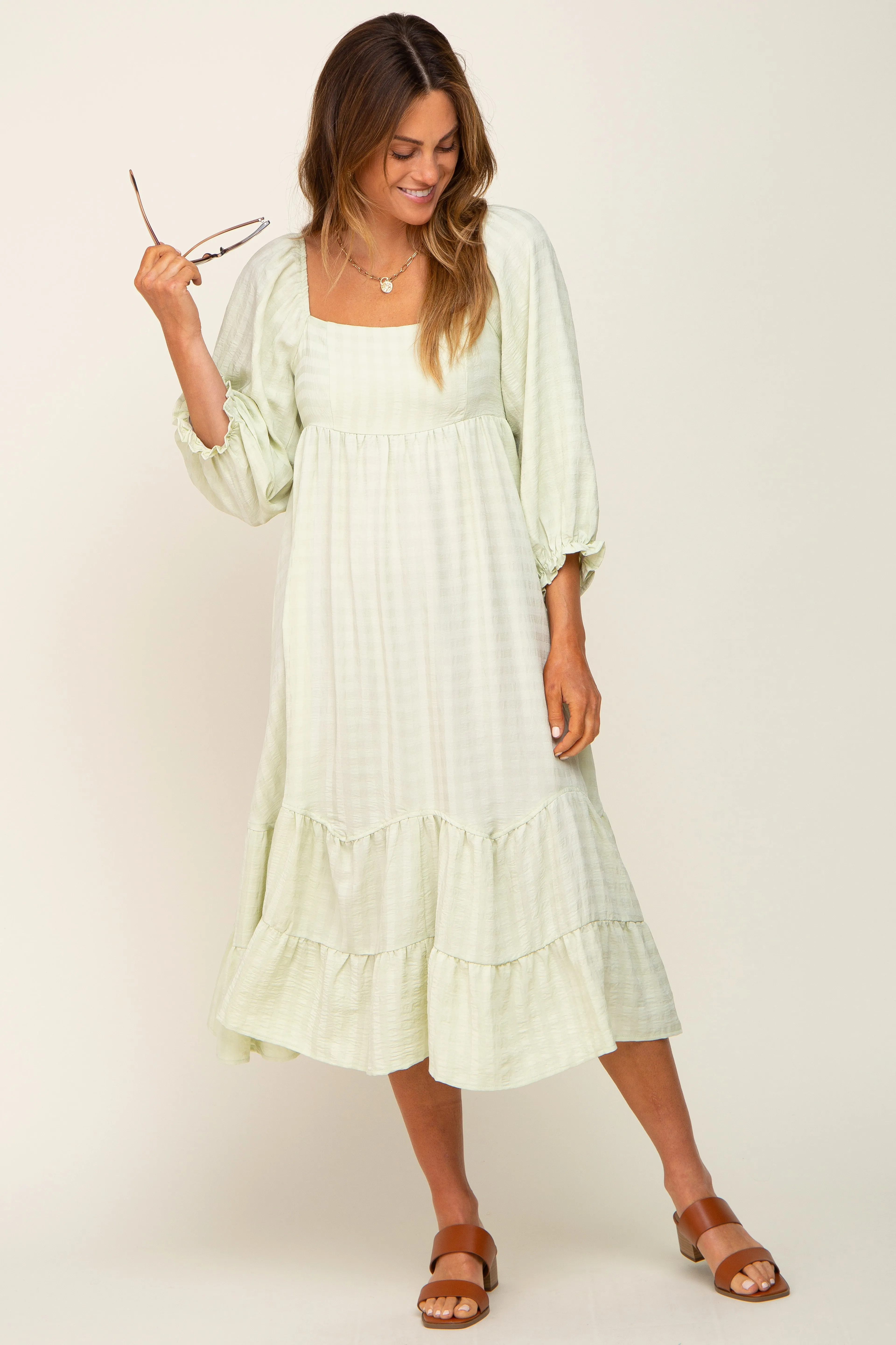 Light Green Striped 3/4 Cinched Sleeve Tiered Midi Dress sold by Pinkblush product image thumbnail 4