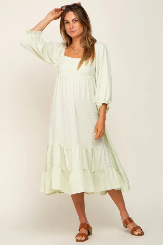 Light Green Striped 3/4 Cinched Sleeve Tiered Midi Dress sold by Pinkblush