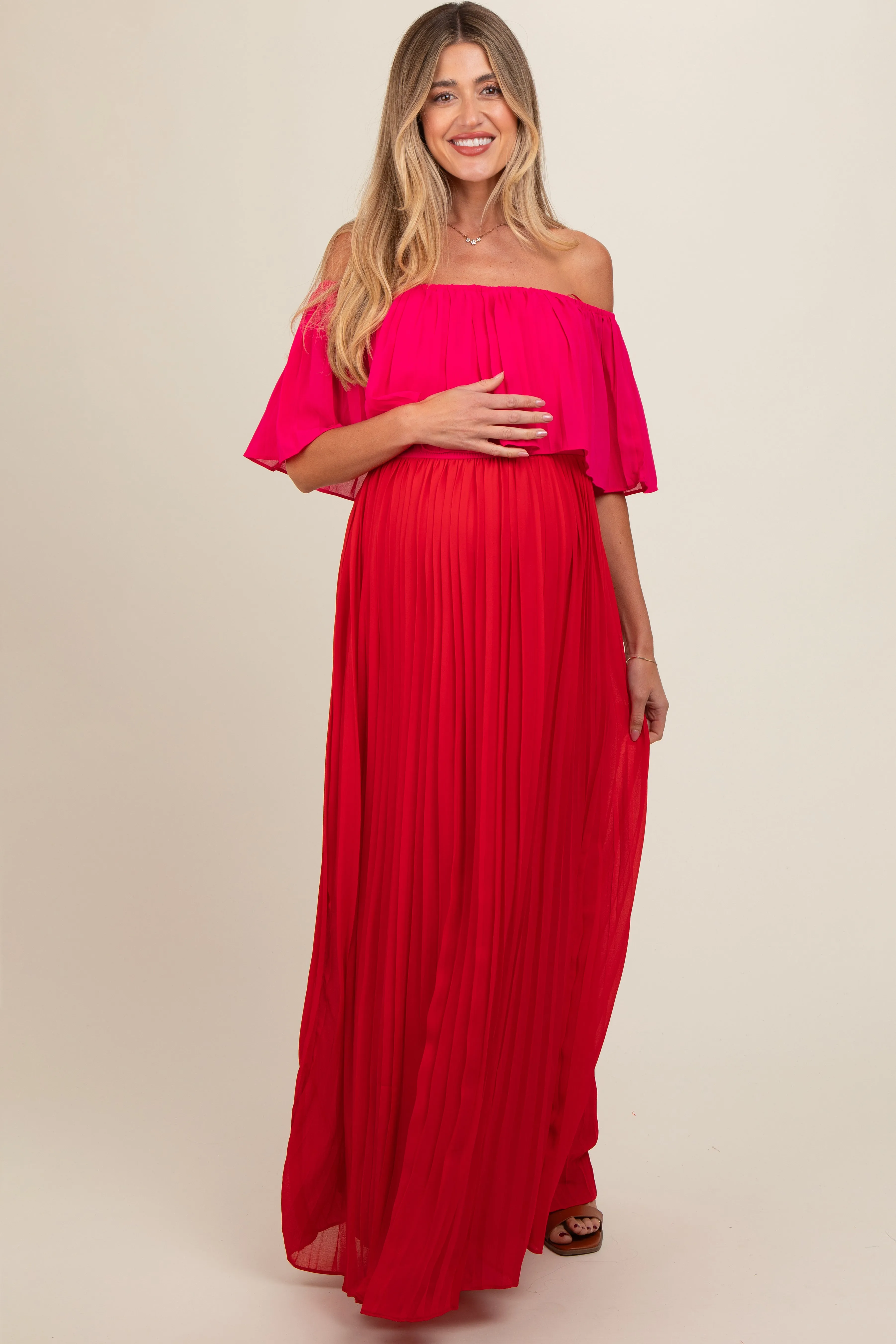Red Pleated Off Shoulder Colorblock Maternity Maxi Dress sold by Pinkblush